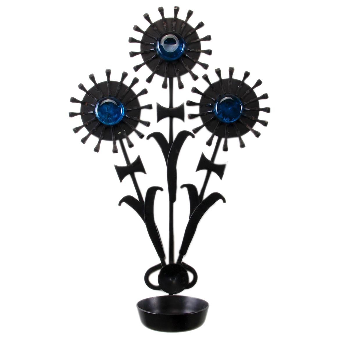 Sconce Black Iron Candleholder with Blue Glass by Danish Dantoft, 1960s For Sale