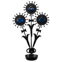 Sconce Black Iron Candleholder with Blue Glass by Danish Dantoft, 1960s