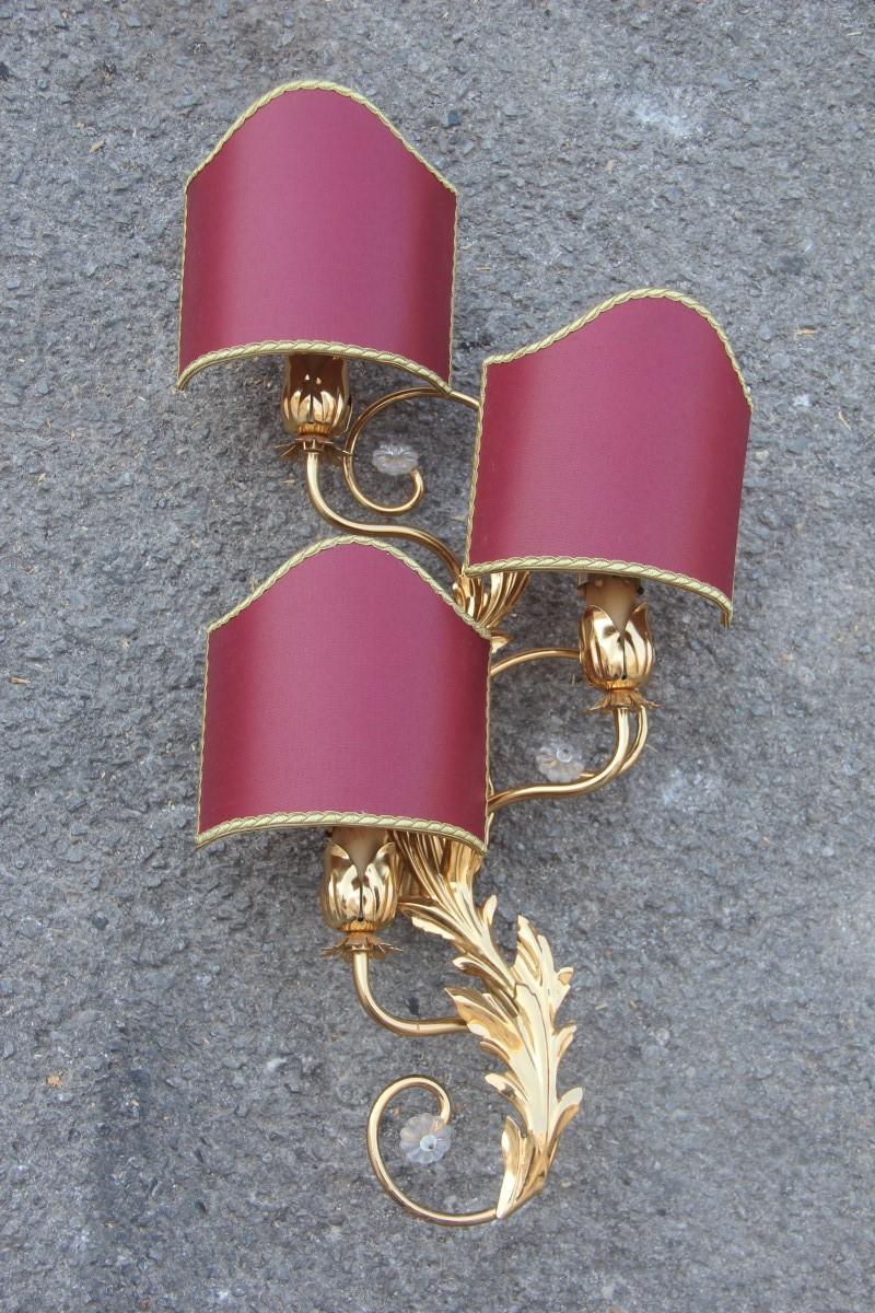 Sconce in Golden Brass with Flower Leaves and Gold and Bordeaux Crystals, 1970 For Sale 3