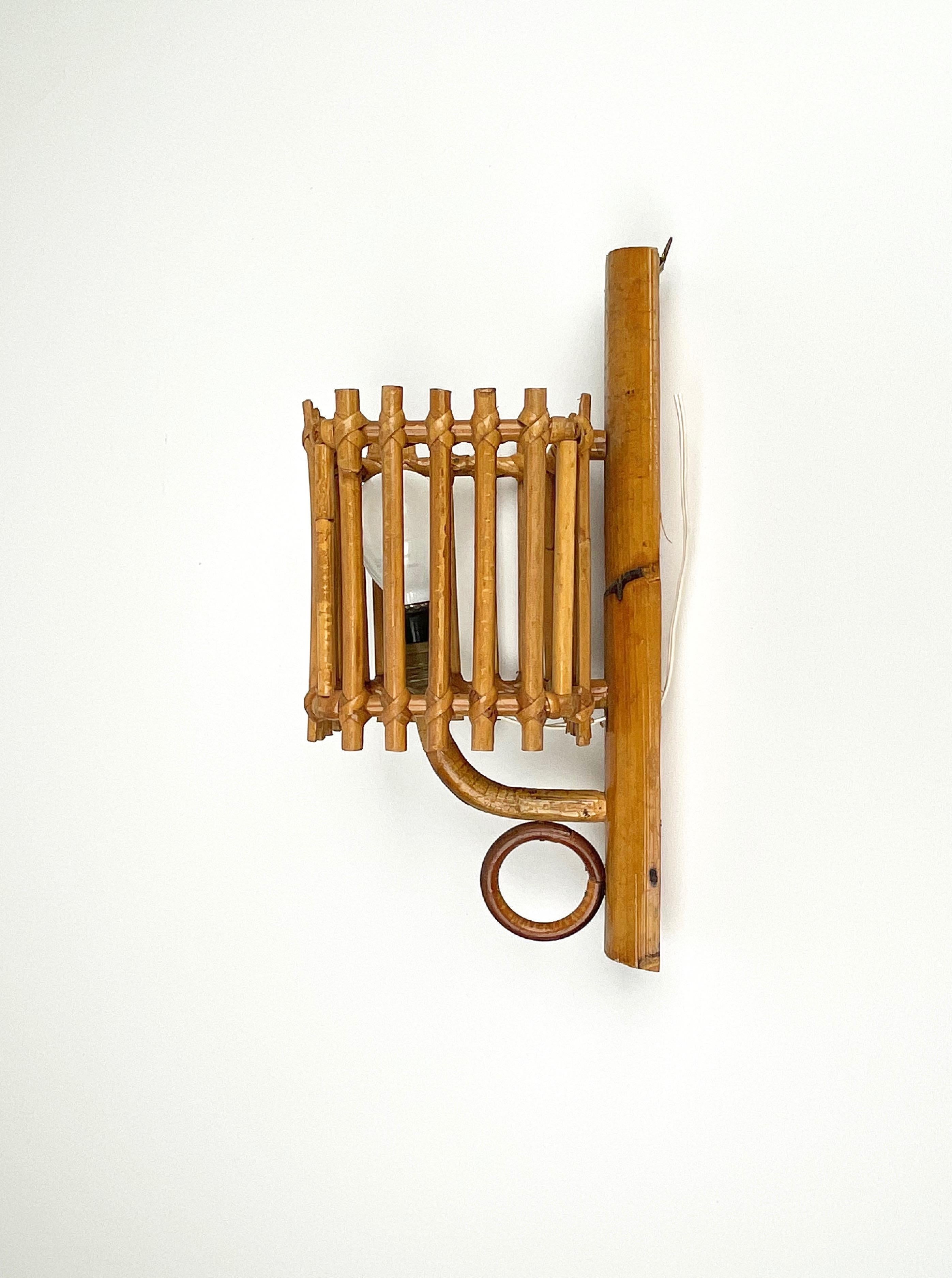 Mid-20th Century Sconce Lantern Rattan & Bamboo Attributed to Louis Sognot, France 1960s
