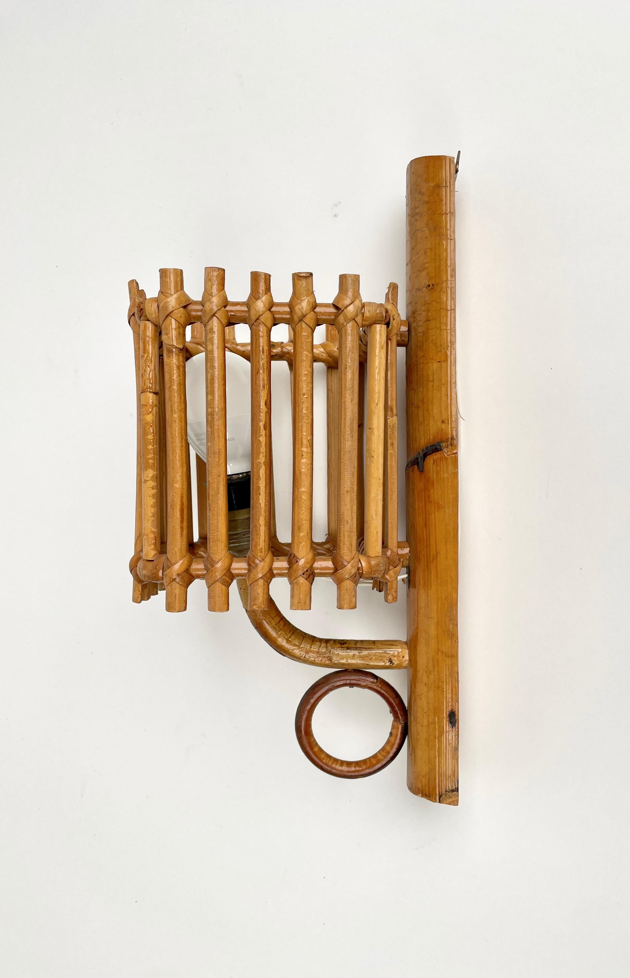 Cane Sconce Lantern Rattan & Bamboo Attributed to Louis Sognot, France 1960s