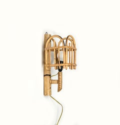 Sconce "Lantern" Wall Lamp in Rattan and Bamboo Louis Sognot Style, Italy, 1960s