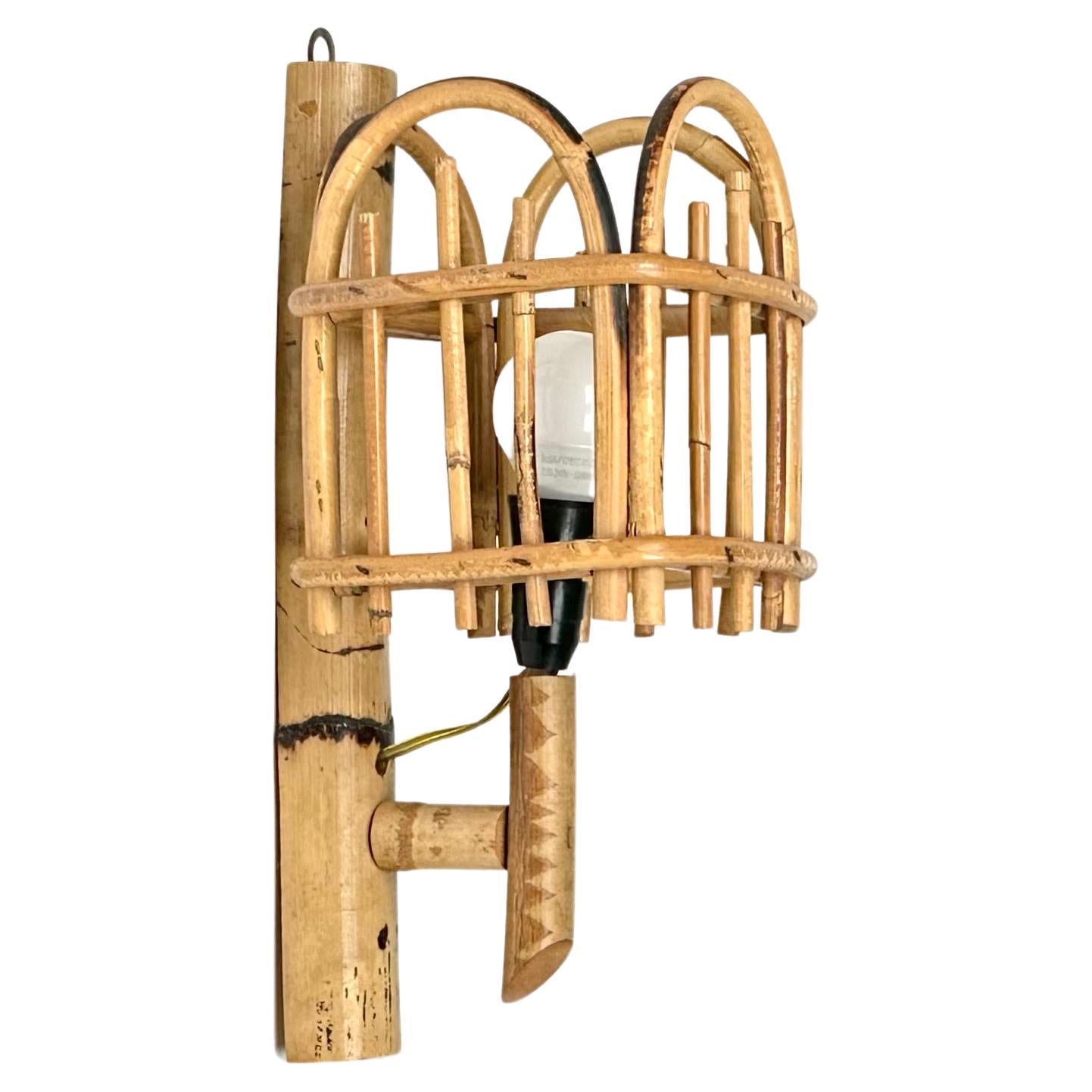 Sconce "Lantern" Wall Lamp in Rattan and Bamboo Louis Sognot Style, Italy, 1960s For Sale