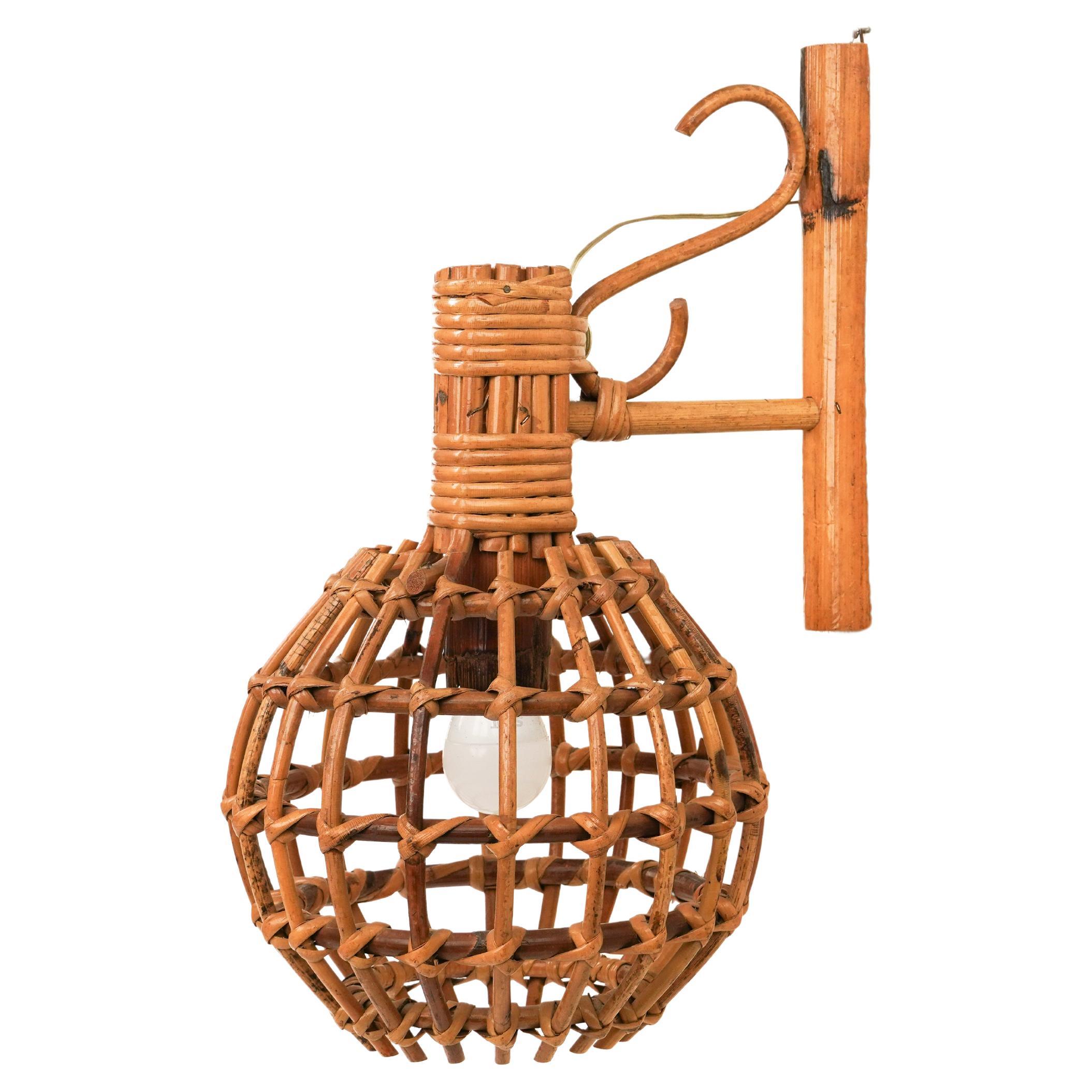 Sconce "Lantern" Wall Lamp in Rattan & Bamboo Attributed to Louis Sognot, 1960s For Sale