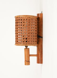 Sconce "Lantern" Wall Lamp in Rattan & Bamboo Louis Sognot Style, 1960s