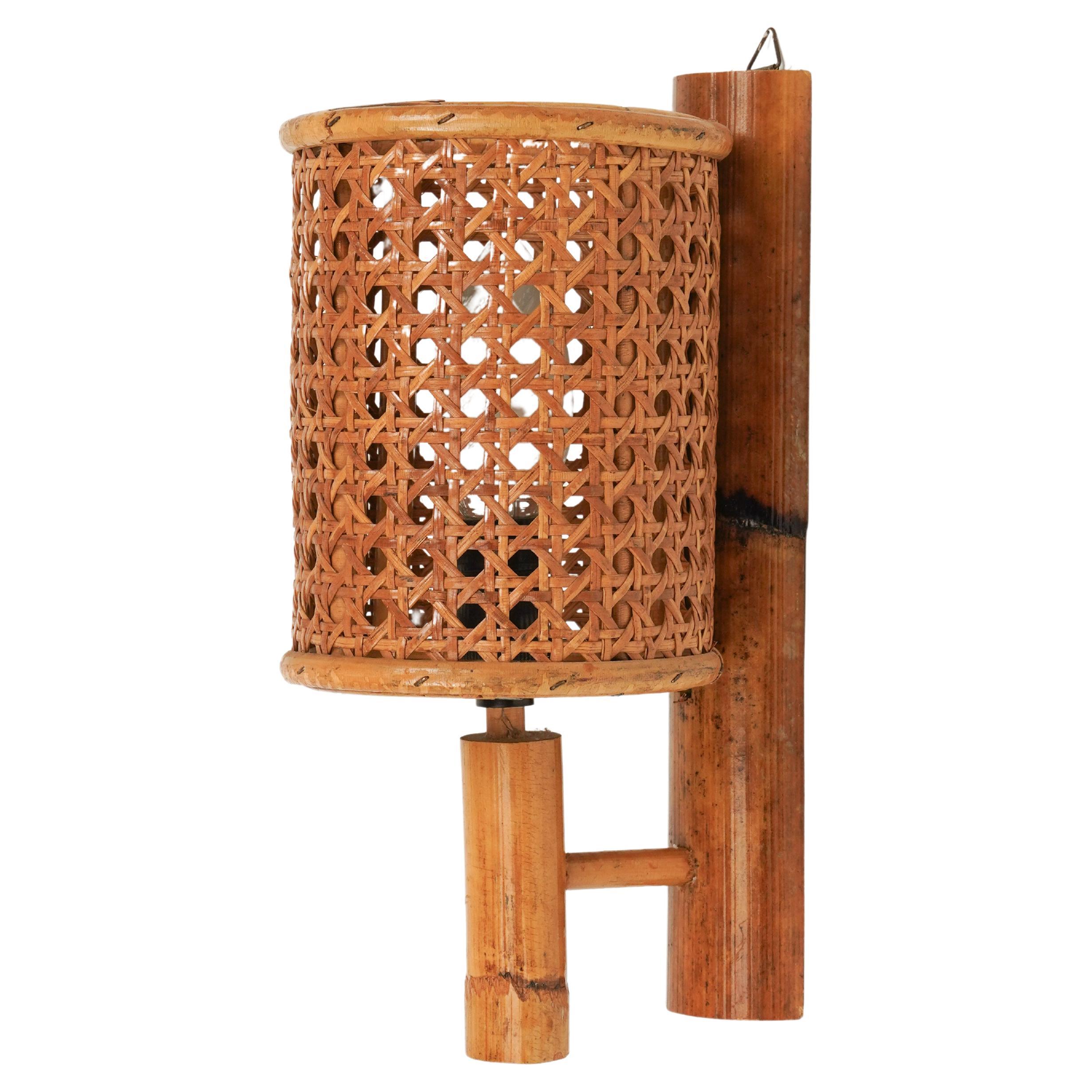 Sconce "Lantern" Wall Lamp in Rattan & Bamboo Louis Sognot Style, 1960s For Sale