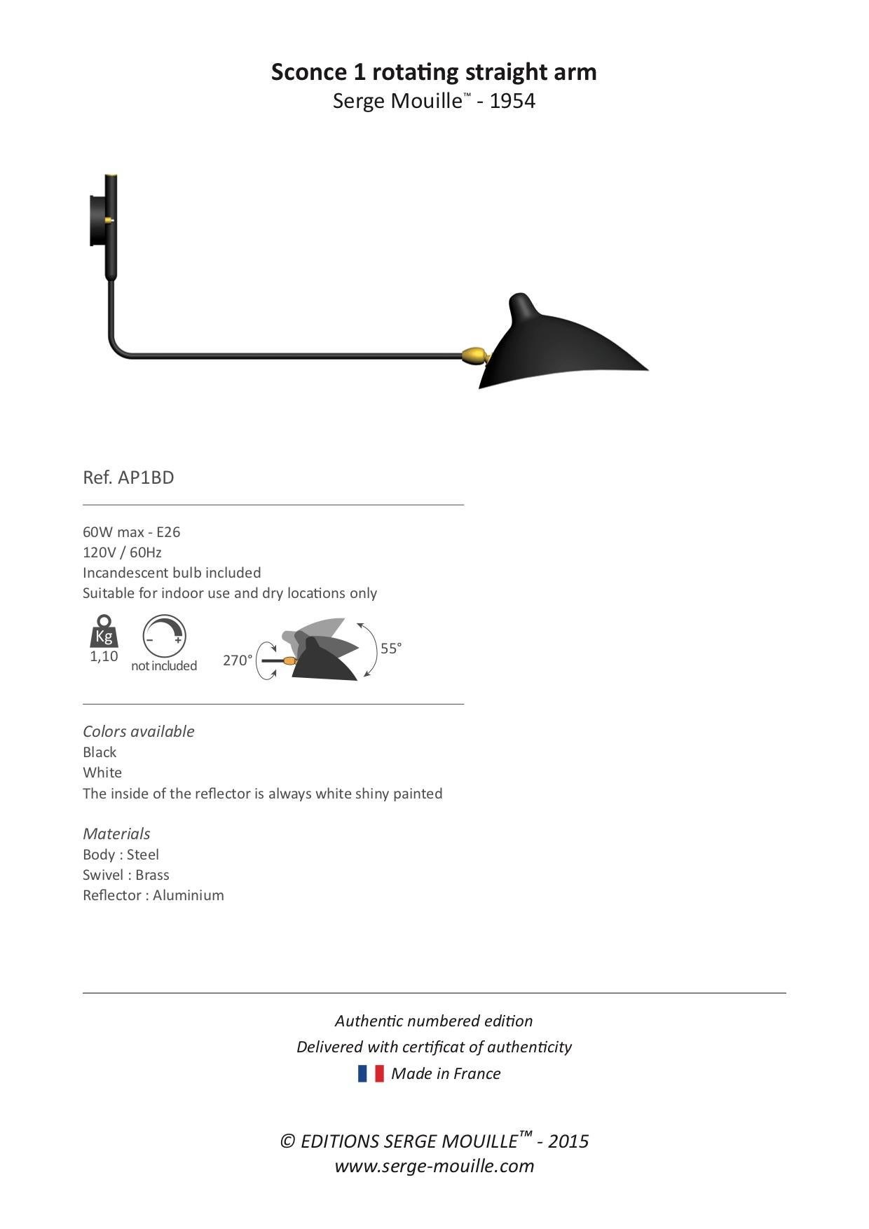 Wandleuchter Serge Mouille Applique Modell „Ein drehbarer gerader Arm“, Schwarz oder Weiß (Moderne der Mitte des Jahrhunderts) im Angebot