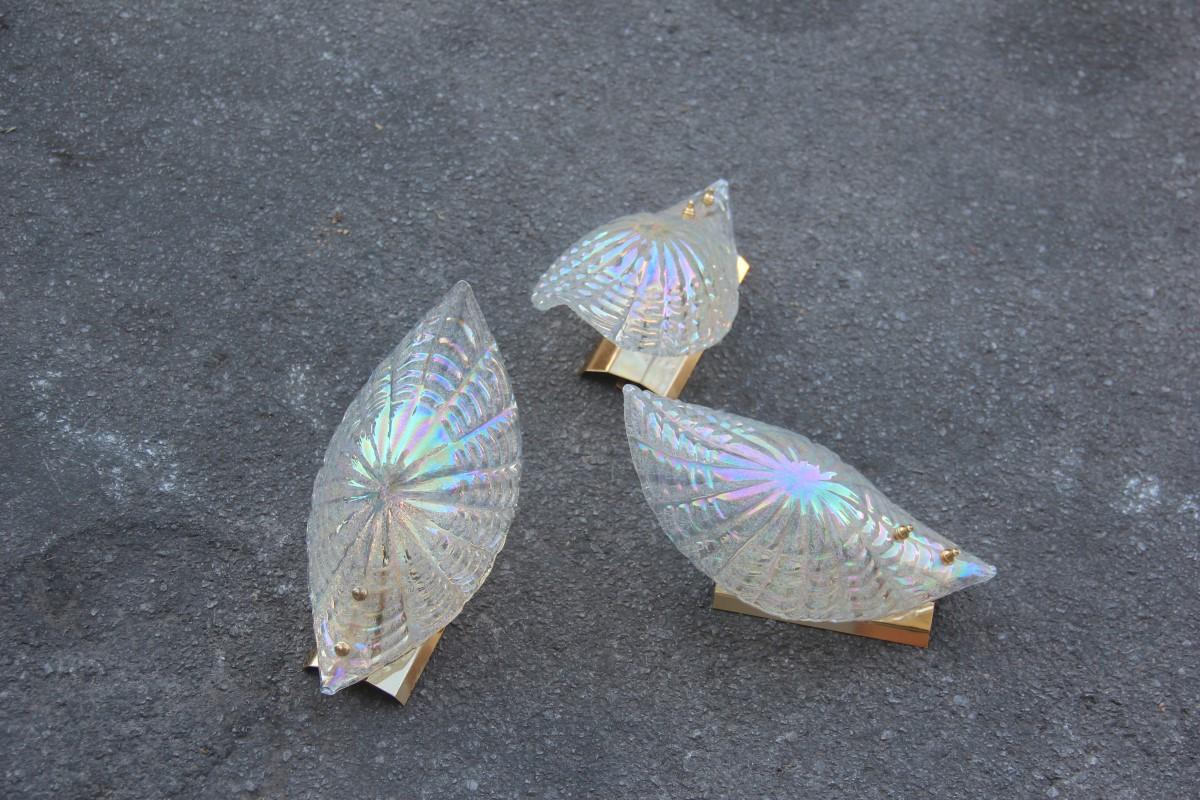 Italian Sconce Shell Murano Glass Iridescent Rainbow Gold-Plated Brass Design, 1970s For Sale
