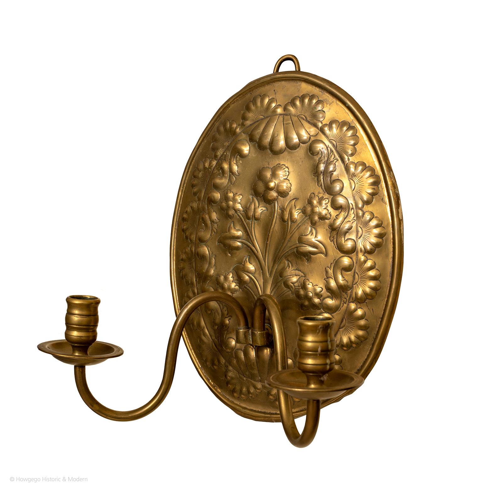 Arts and Crafts Sconce Wall Brass Repousse 2-Arm For Sale