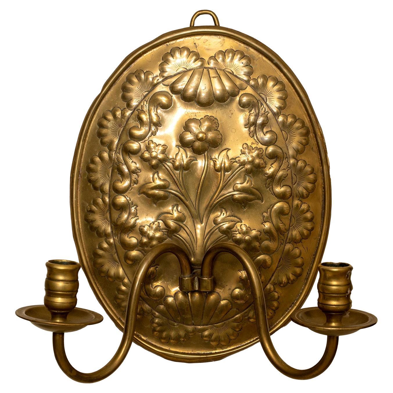 Sconce Wall Brass Repousse 2-Arm For Sale
