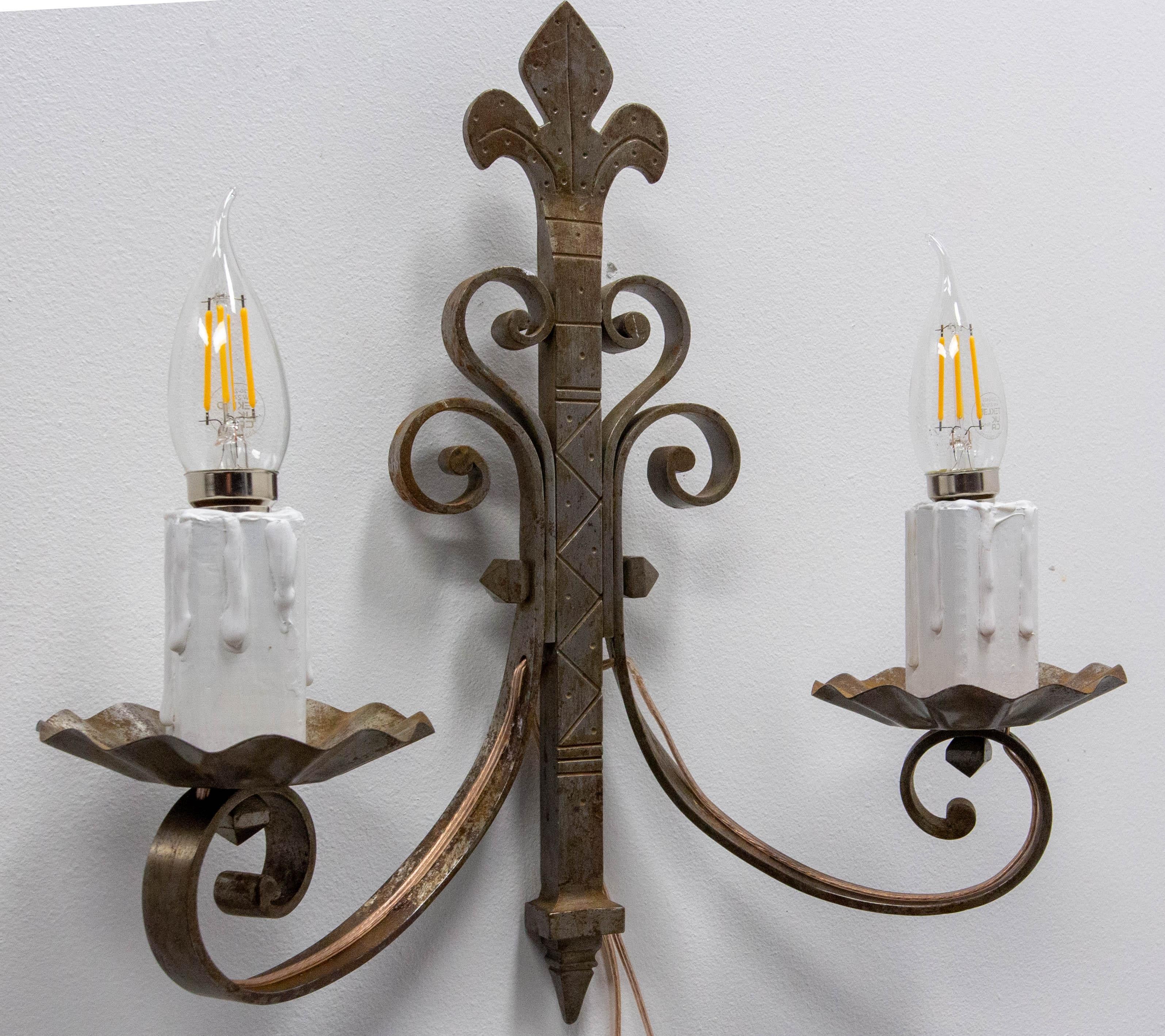 Mid-Century Modern Sconce Wall Light Lantern Iron and Wood French circa 1960 For Sale