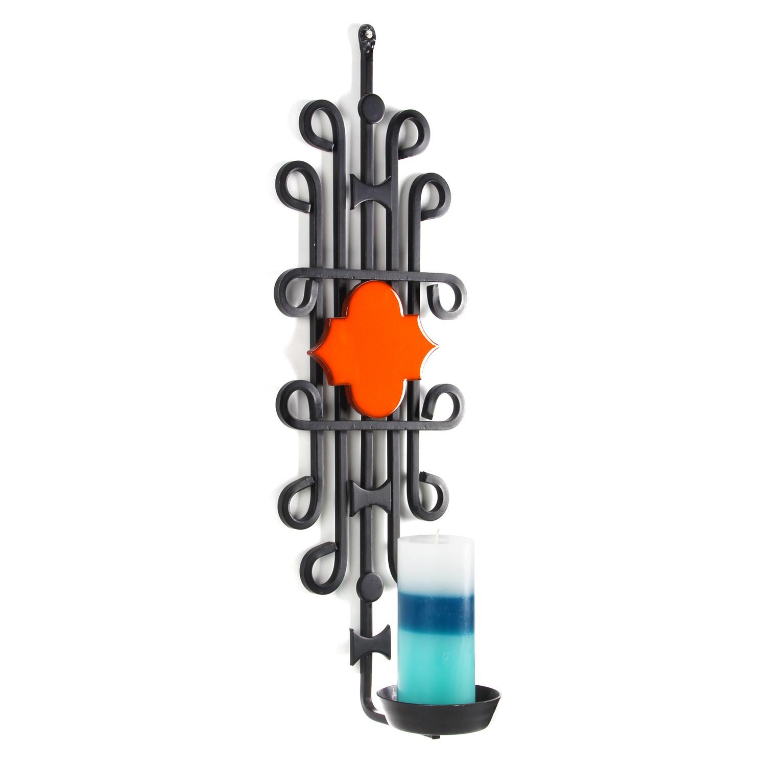 SCONCE wrought iron candle holder by Dantoft Kunstartikler, Denmark circa 1970s. Sculptural sconce in black wrought iron with an orange tile, in very good vintage condition.

A unique artisan sconce, made in curved black lacquered, welded wrought