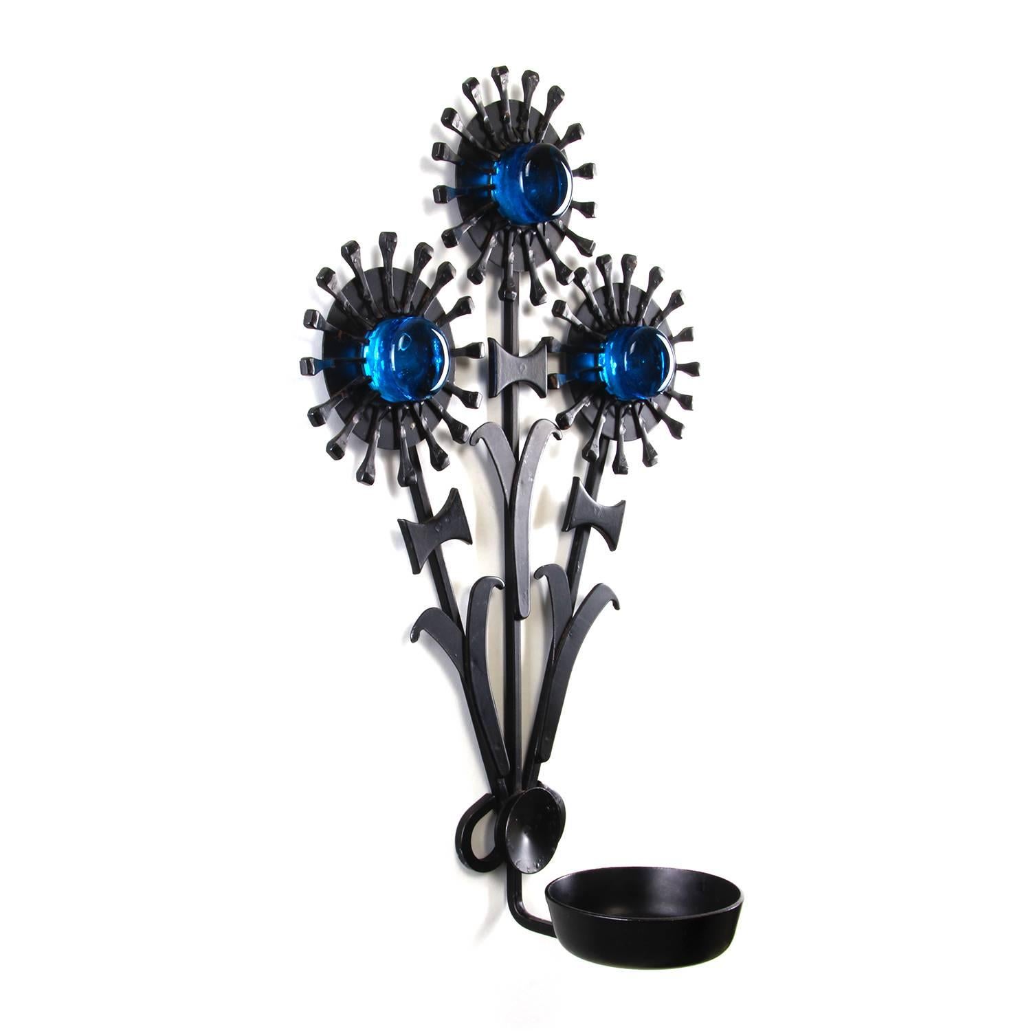 Mid-Century Modern Sconce, Wrought Iron by Dantoft, 1960s, Beautiful Candle Holder with Blue Glass For Sale