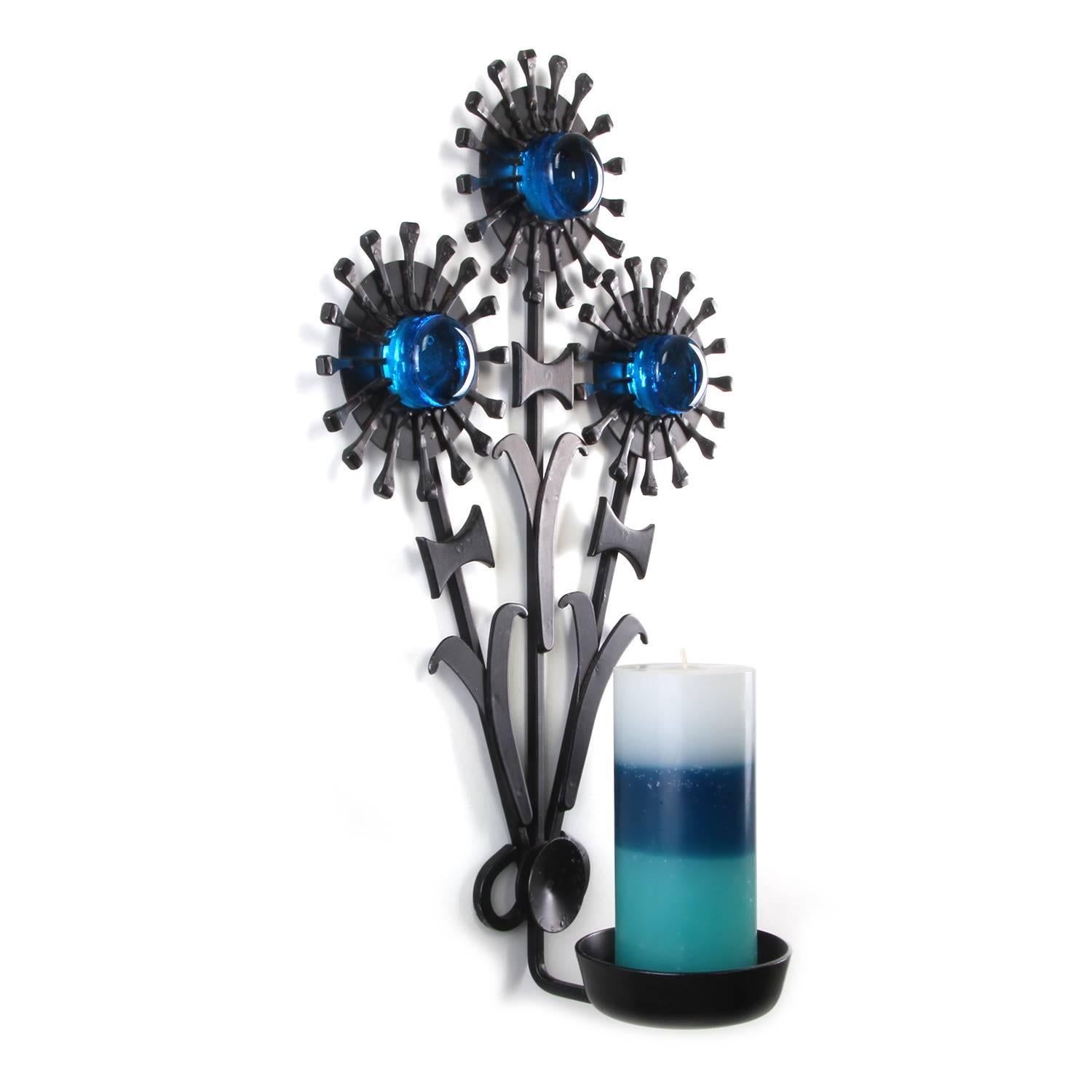 Danish Sconce, Wrought Iron by Dantoft, 1960s, Beautiful Candle Holder with Blue Glass For Sale