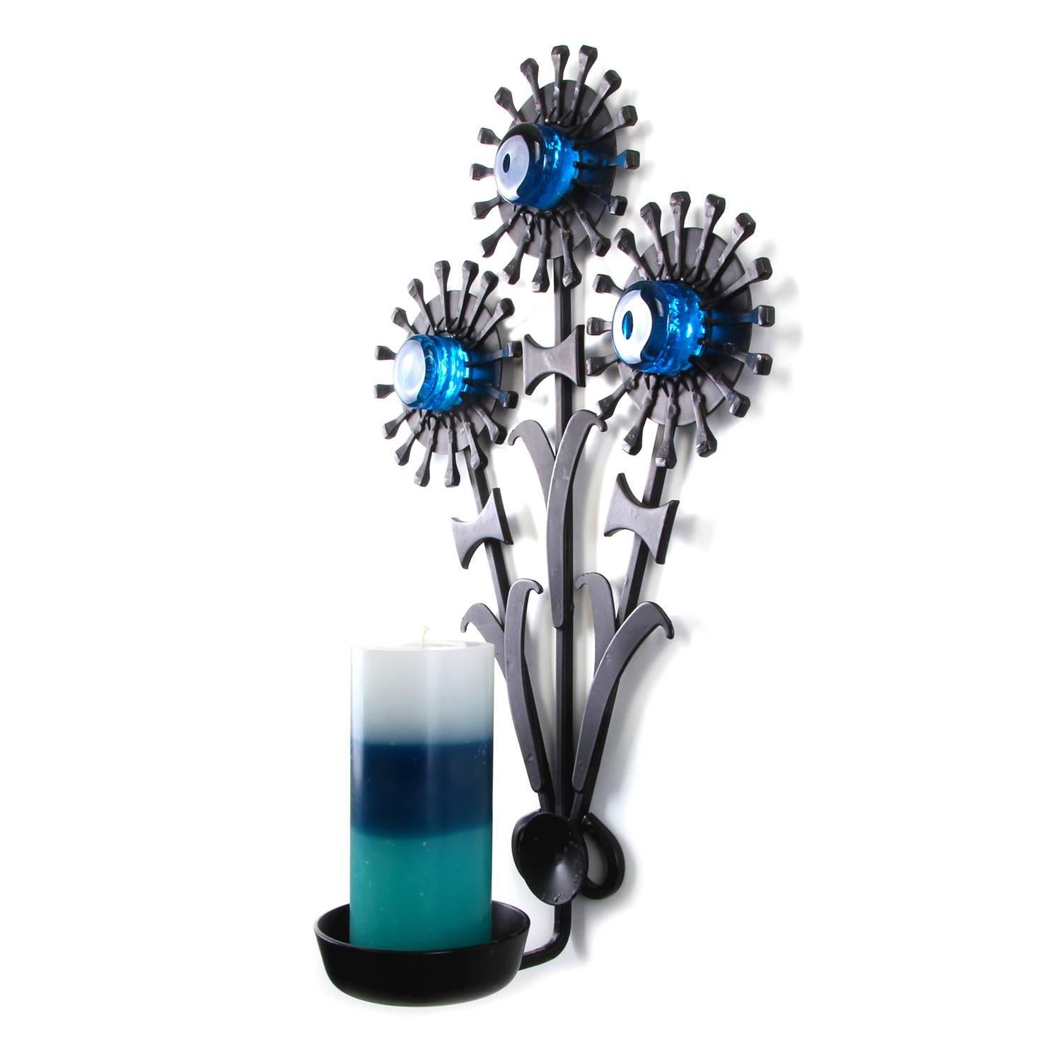 20th Century Sconce, Wrought Iron by Dantoft, 1960s, Beautiful Candle Holder with Blue Glass For Sale