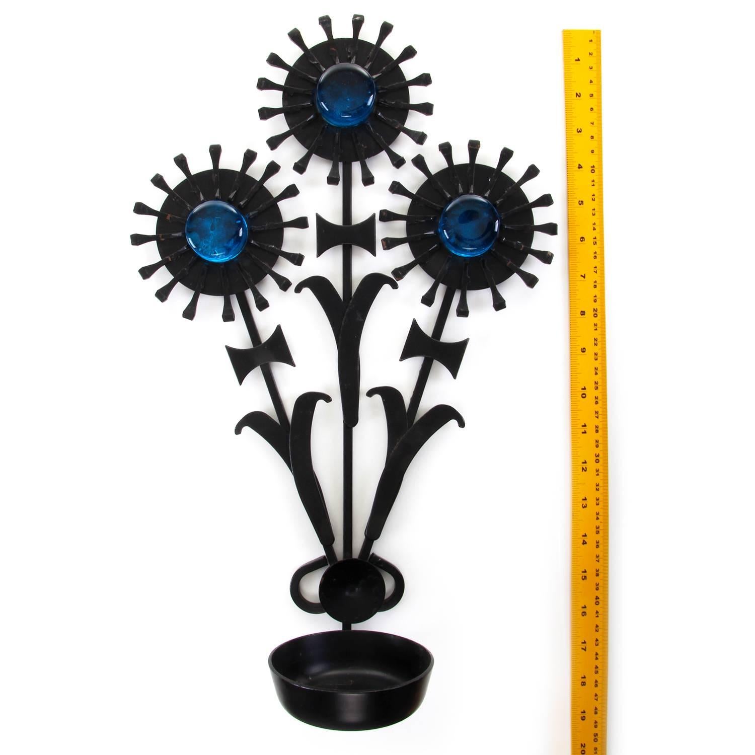 Sconce, Wrought Iron by Dantoft, 1960s, Beautiful Candle Holder with Blue Glass For Sale 2