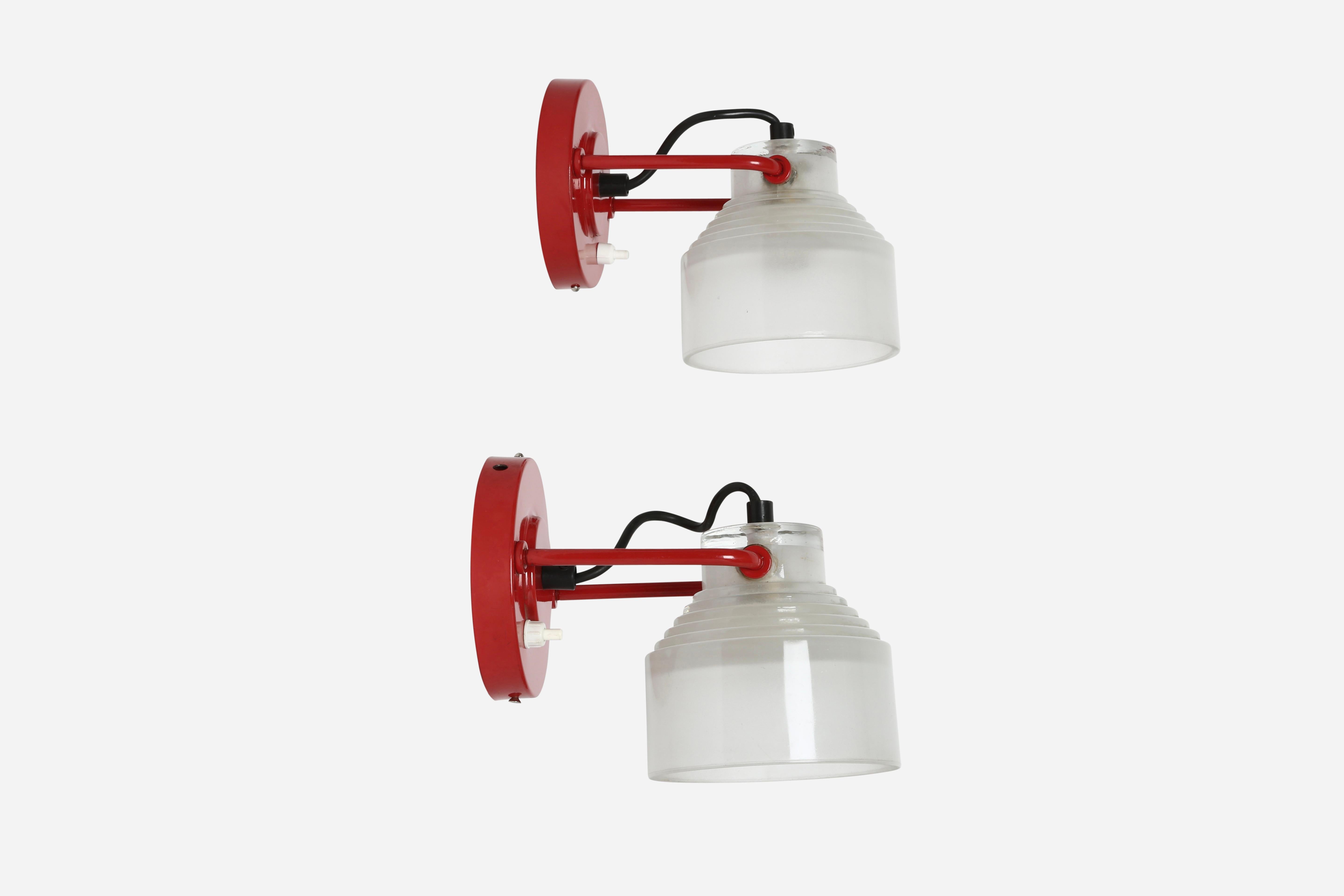 Oluce attributed sconces.
Italy 1960s.
Holophane glass, enameled metal.
One medium base bulb each.

We take pride in bringing vintage fixtures to their full glory again.
At Illustris Lighting our main focus is to deliver lighting fixtures to our