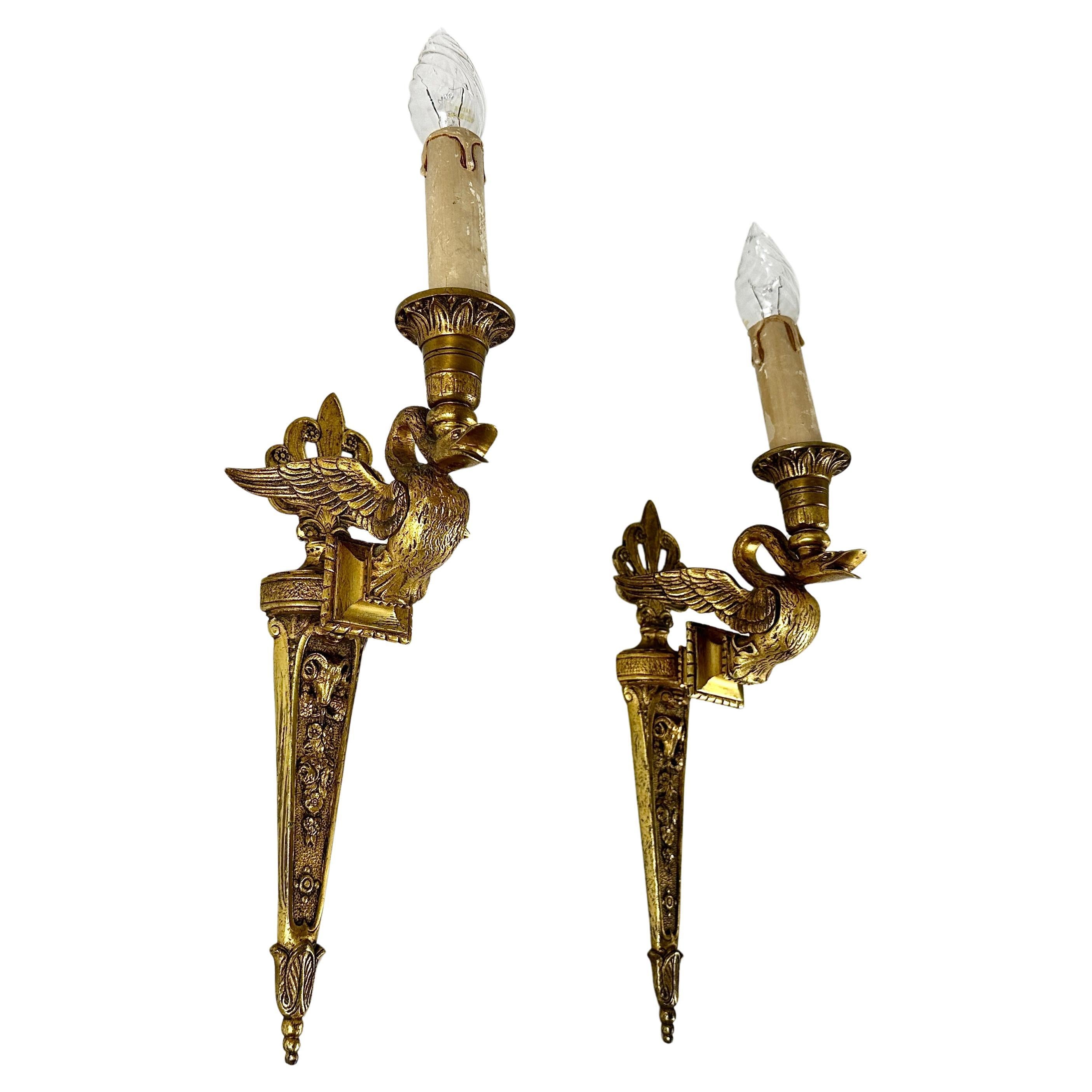 Sconces French Antique Bronze Swan Sconces Pair 1910s Cherub Wall Lights, France