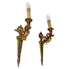 Sconces French Antique Bronze Swan Sconces Pair 1910s Cherub Wall Lights, France