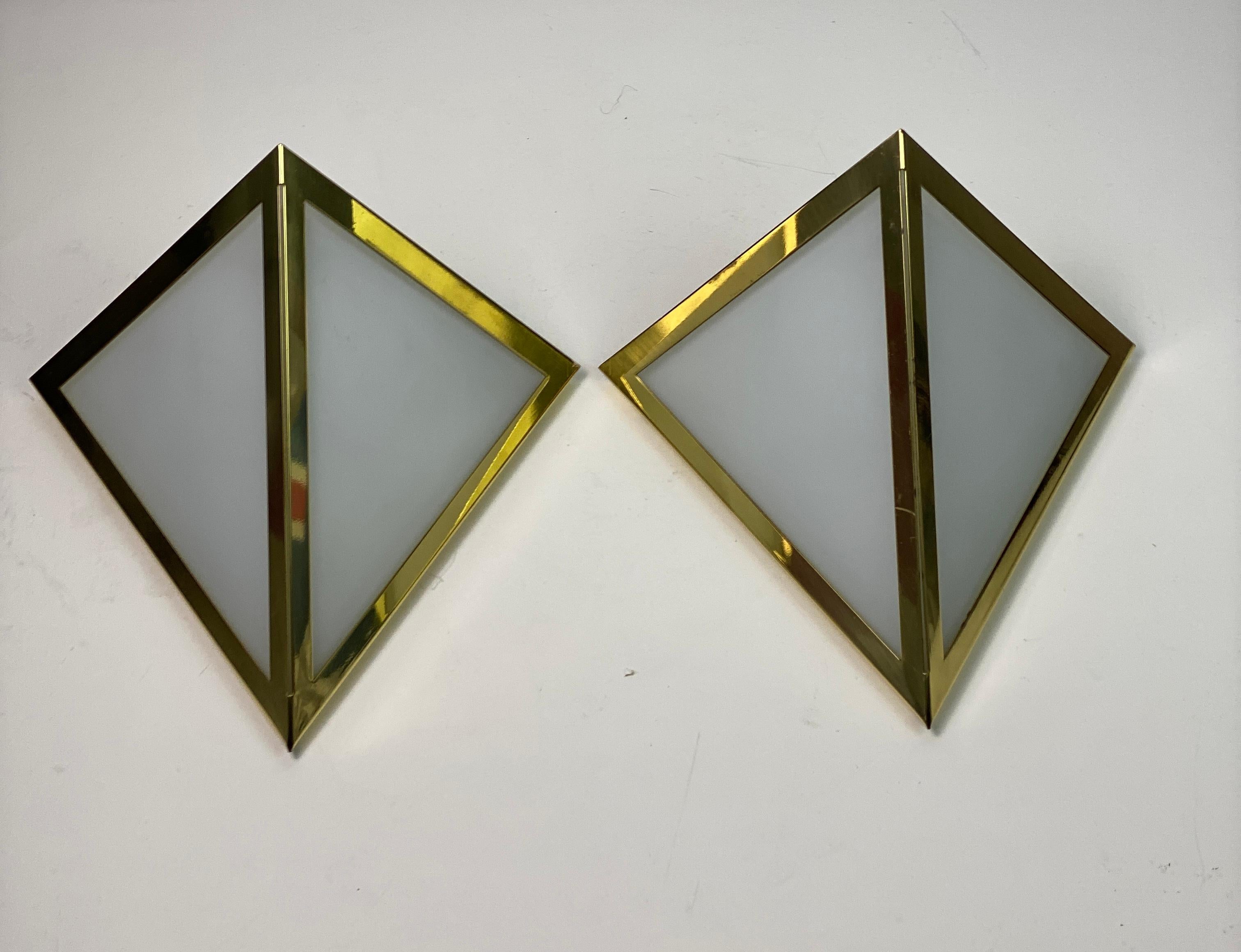 Minimalist Brass & Opal Glass Triangle Wall Sconces from Glashütte Limburg, 1980s, Set of 2 For Sale