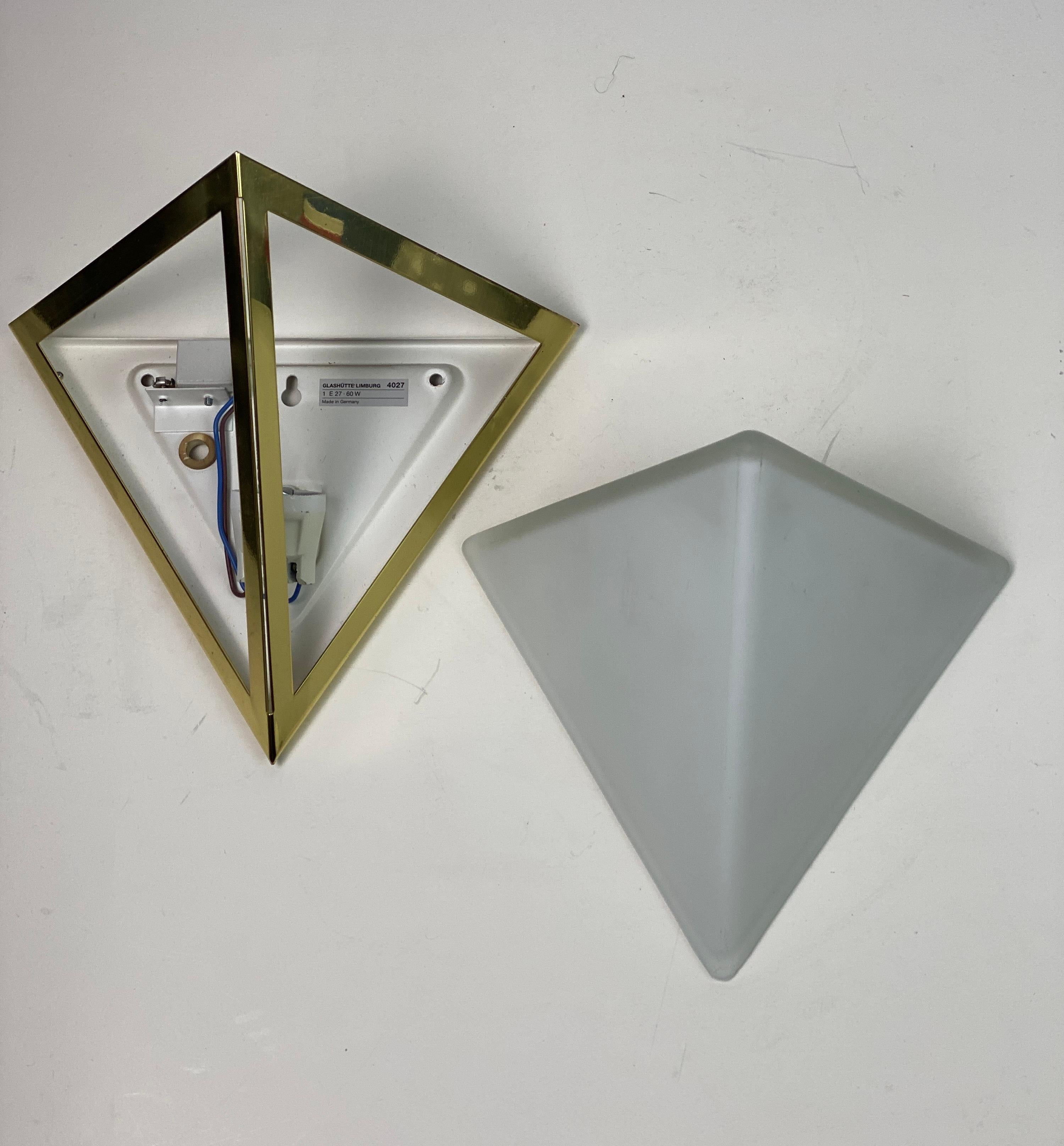 German Brass & Opal Glass Triangle Wall Sconces from Glashütte Limburg, 1980s, Set of 2 For Sale