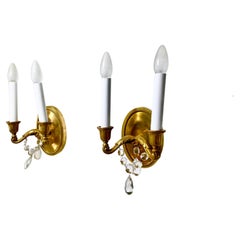 Sconces in Solid Brass and Crystal, Two Light, France, 20th Century