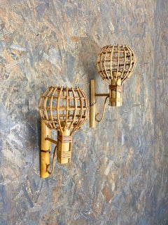 Sconces "Lantern" Wall Lamp in Rattan, Attributed to Louis Sognot, France, 1960s
