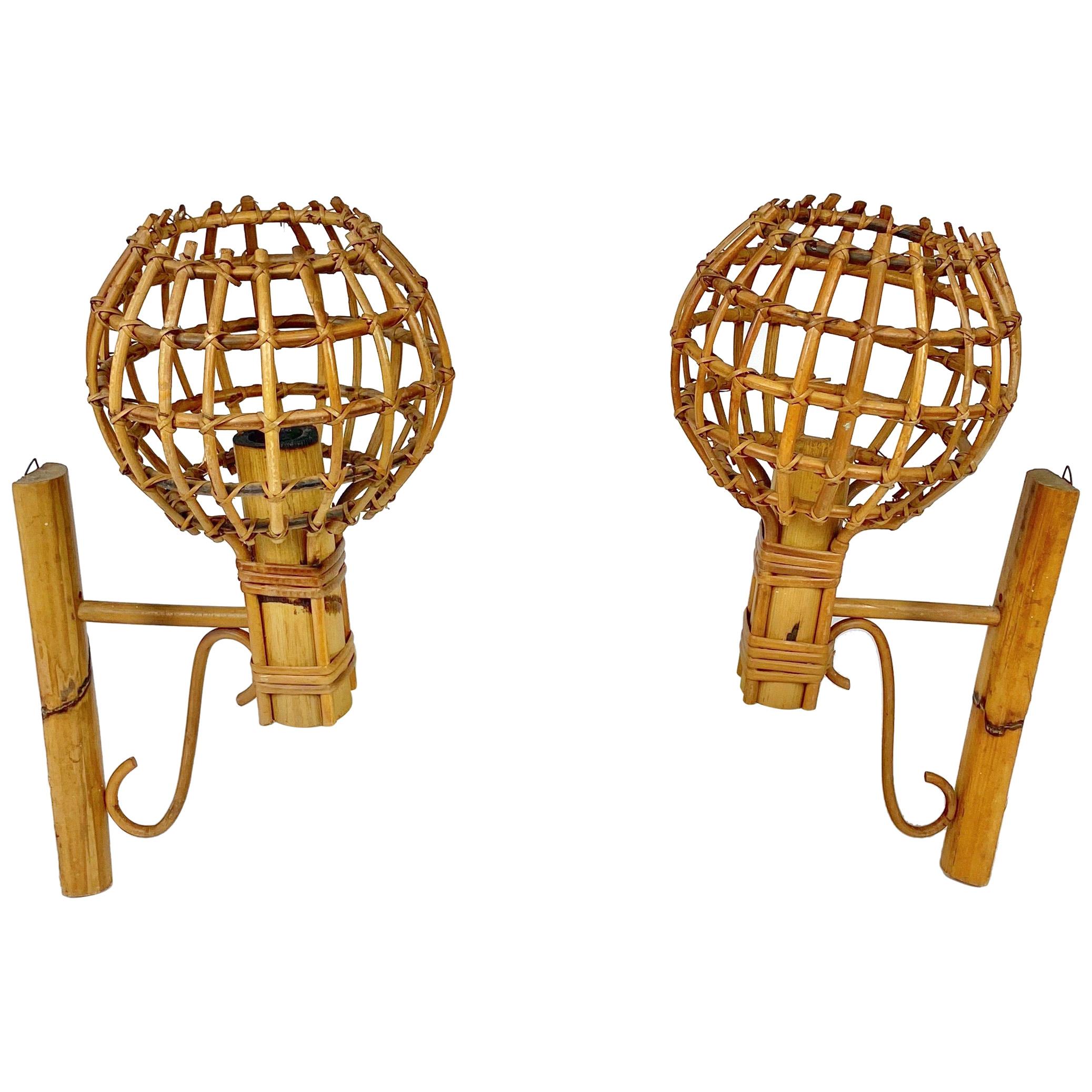 Sconces "Lantern" Wall Lamp in Rattan, Attributed to Louis Sognot, France, 1960s