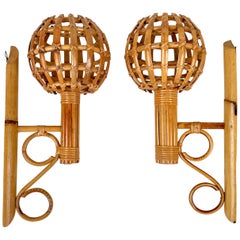 Sconces "Lantern" Wall Lamp in Rattan, Attributed to Louis Sognot, France, 1960s