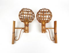 Sconces "Lantern" Wall Lamp in Rattan & Bamboo attributed to Louis Sognot, 1960s
