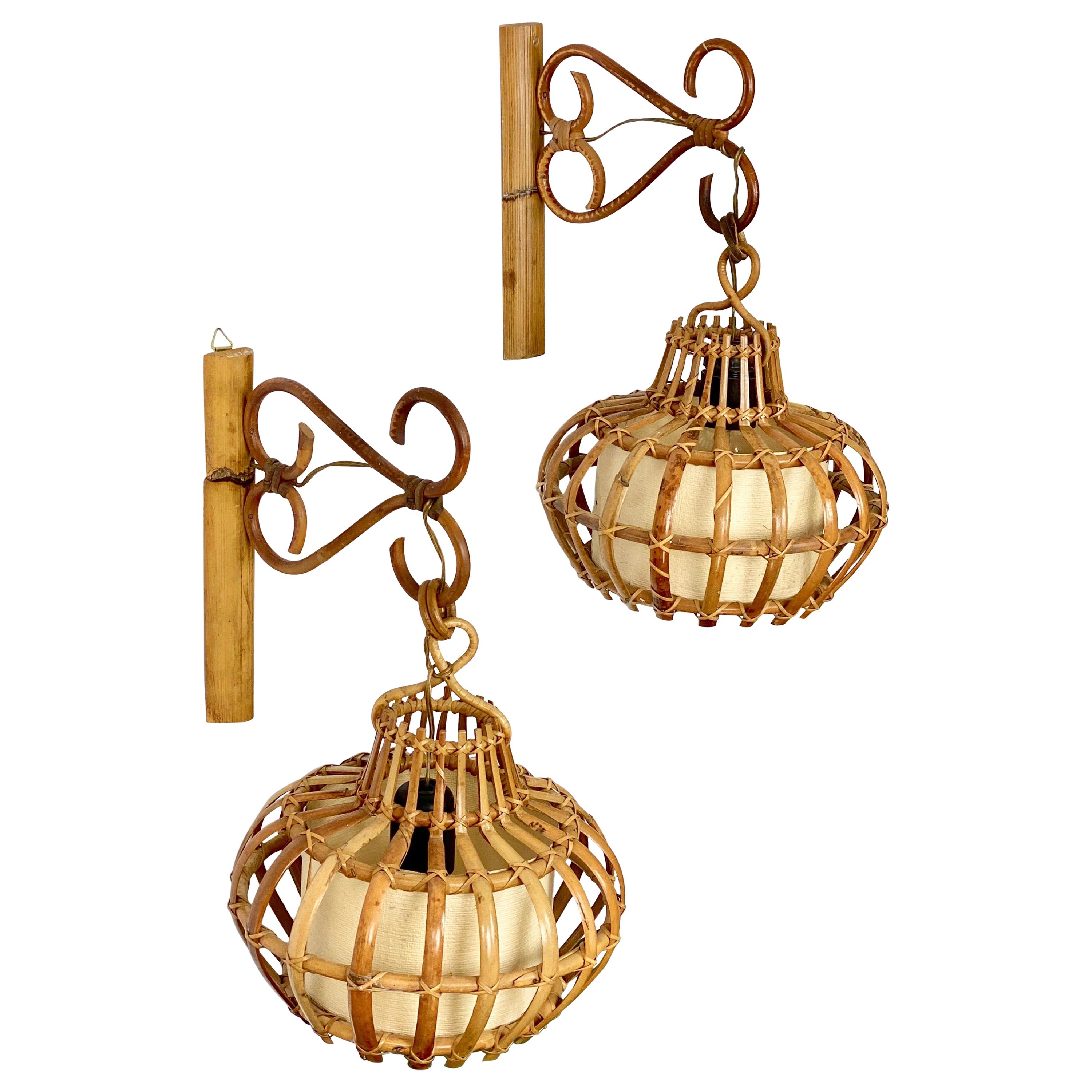 Sconces "Lantern" Wall Lamp Rattan, Attributed to Louis Sognot, France, 1960s