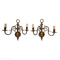 Sconces Pair Brass Two-Arm Dutch Scroll Arm