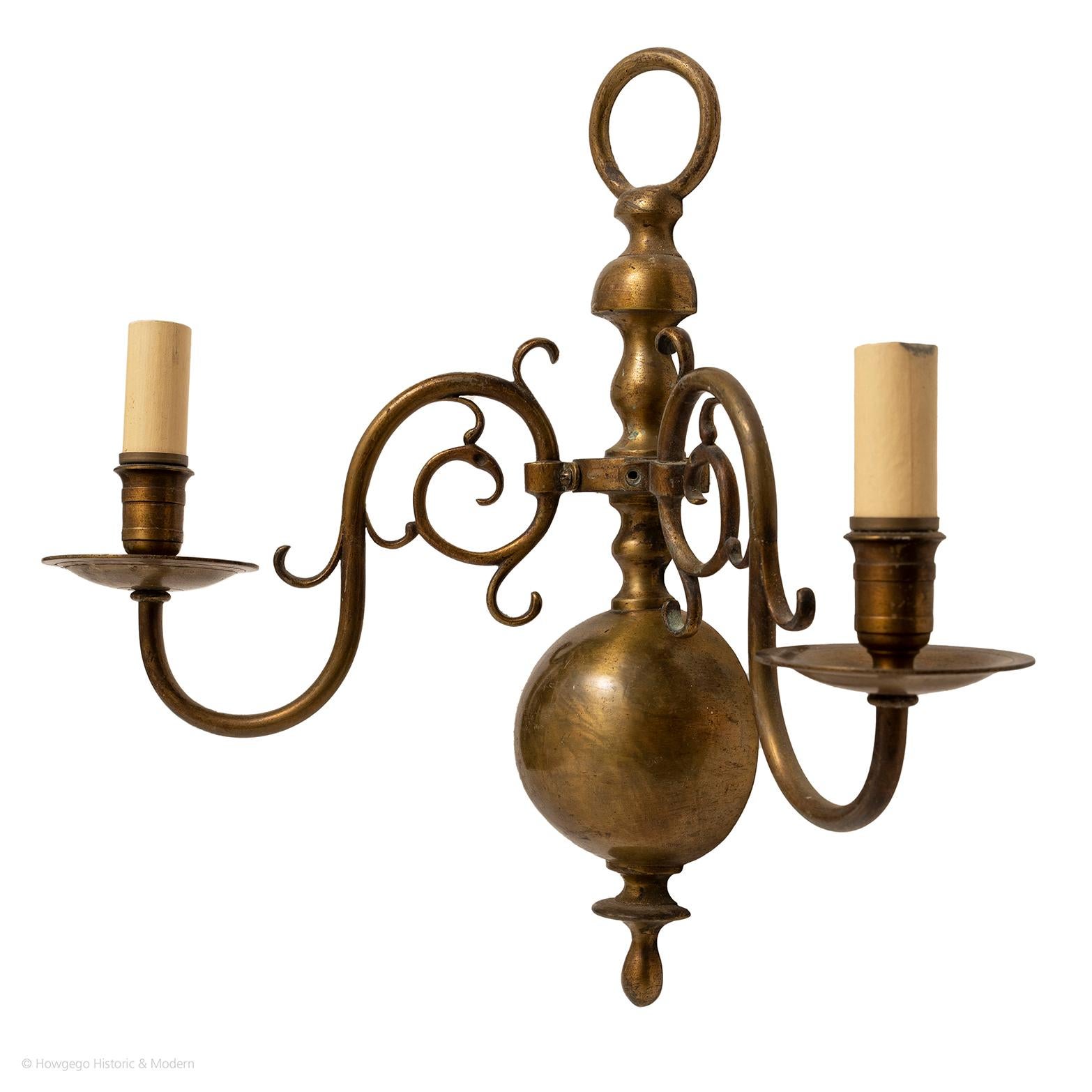 Baroque Revival Sconces Pair Brass Two-Arm Dutch Scroll Arm For Sale