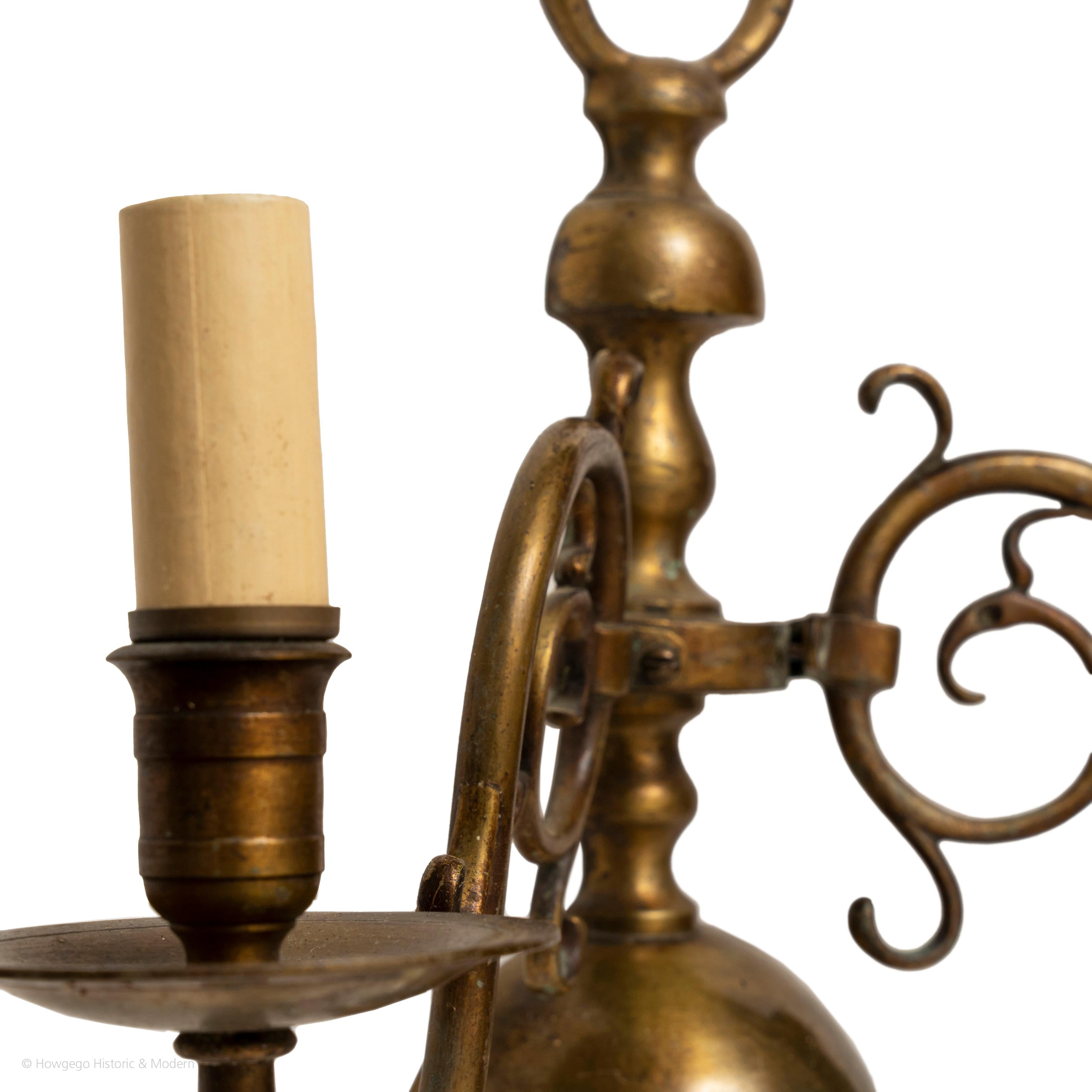 Sconces Pair Brass Two-Arm Dutch Scroll Arm In Good Condition For Sale In BUNGAY, SUFFOLK