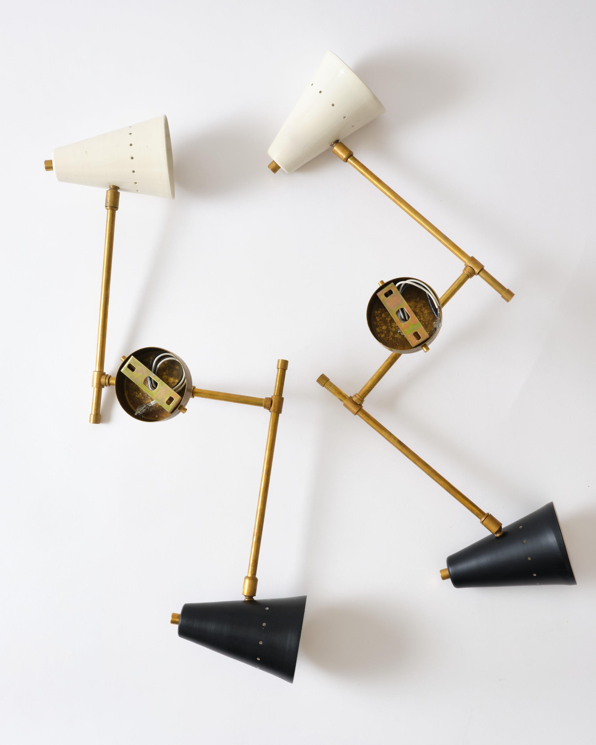 Mid-20th Century Sconces, Pair of Sconces, Italy, C 1950, Brass with Black & White Metal Details For Sale
