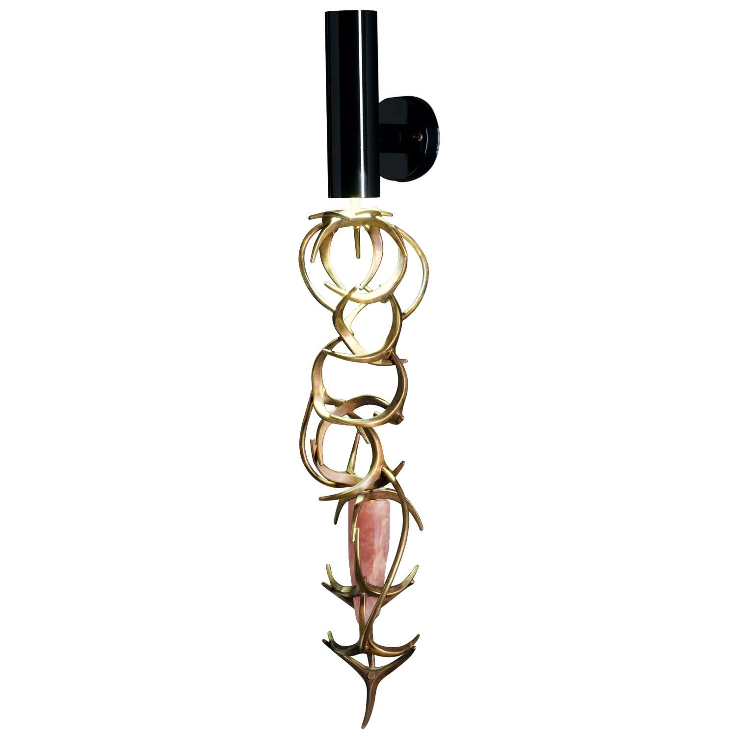 Sconces Wall Lamp Brass Rose Quartz Gold Italy  For Sale