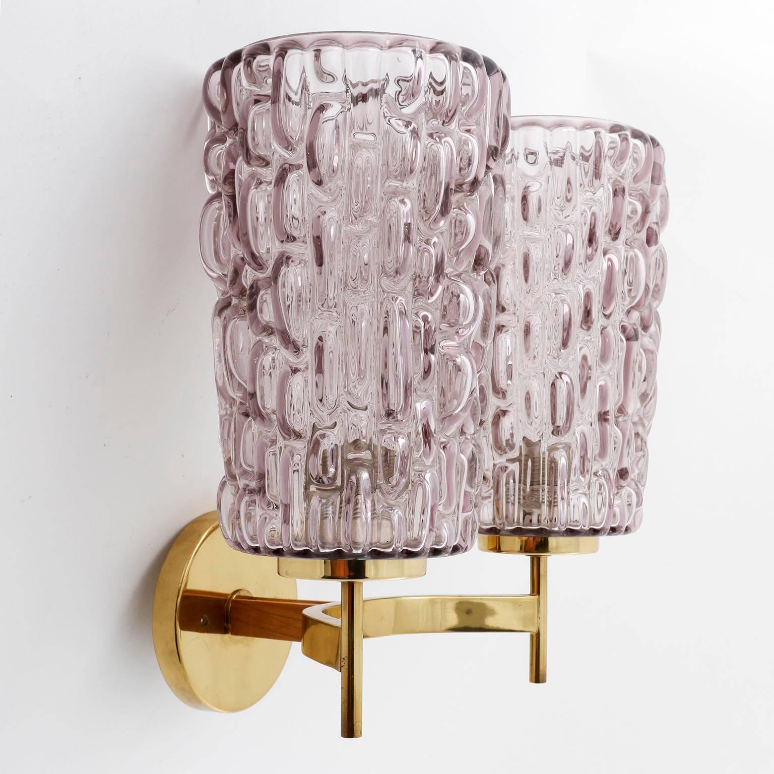 Polished Sconces Wall Lights by Rupert Nikoll, Violet Textured Glass Brass, Vienna, 1950s