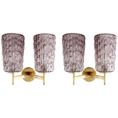 Sconces Wall Lights by Rupert Nikoll, Violet Textured Glass Brass, Vienna, 1950s