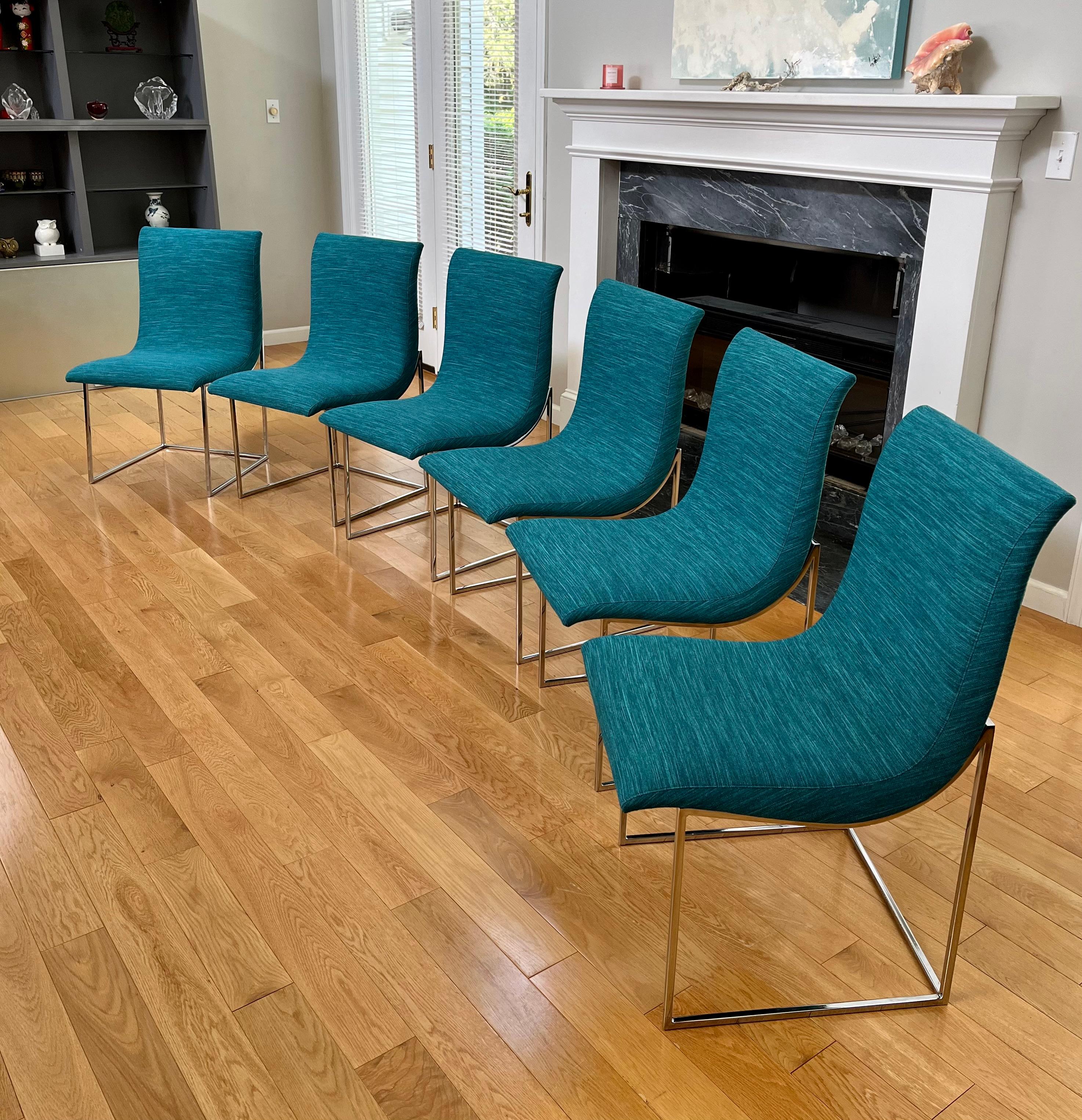 Polished Scoop Dining Chairs by Milo Baughman for Thayer Coggin in Caribbean 'Aqua' Color For Sale
