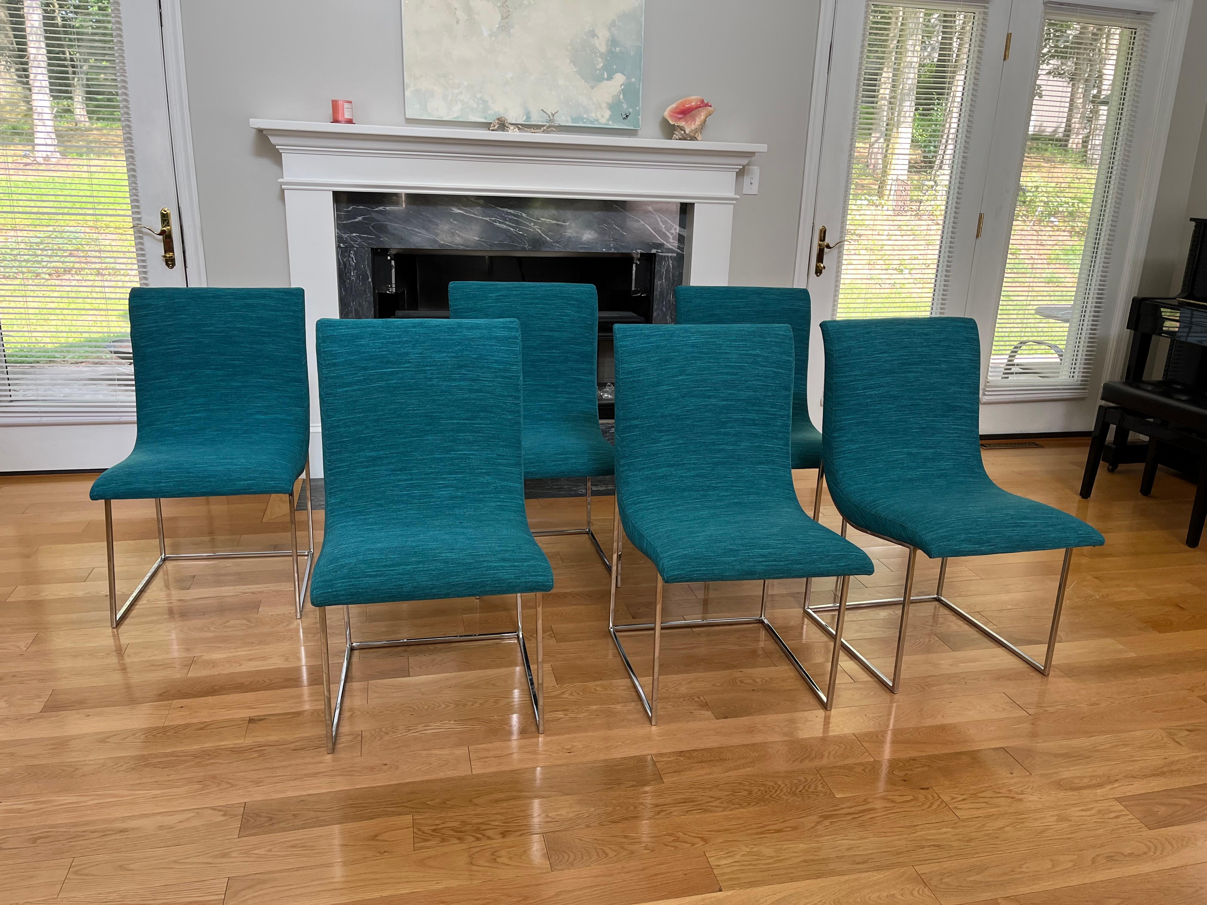 Upholstery Scoop Dining Chairs by Milo Baughman for Thayer Coggin in Caribbean 'Aqua' Color For Sale