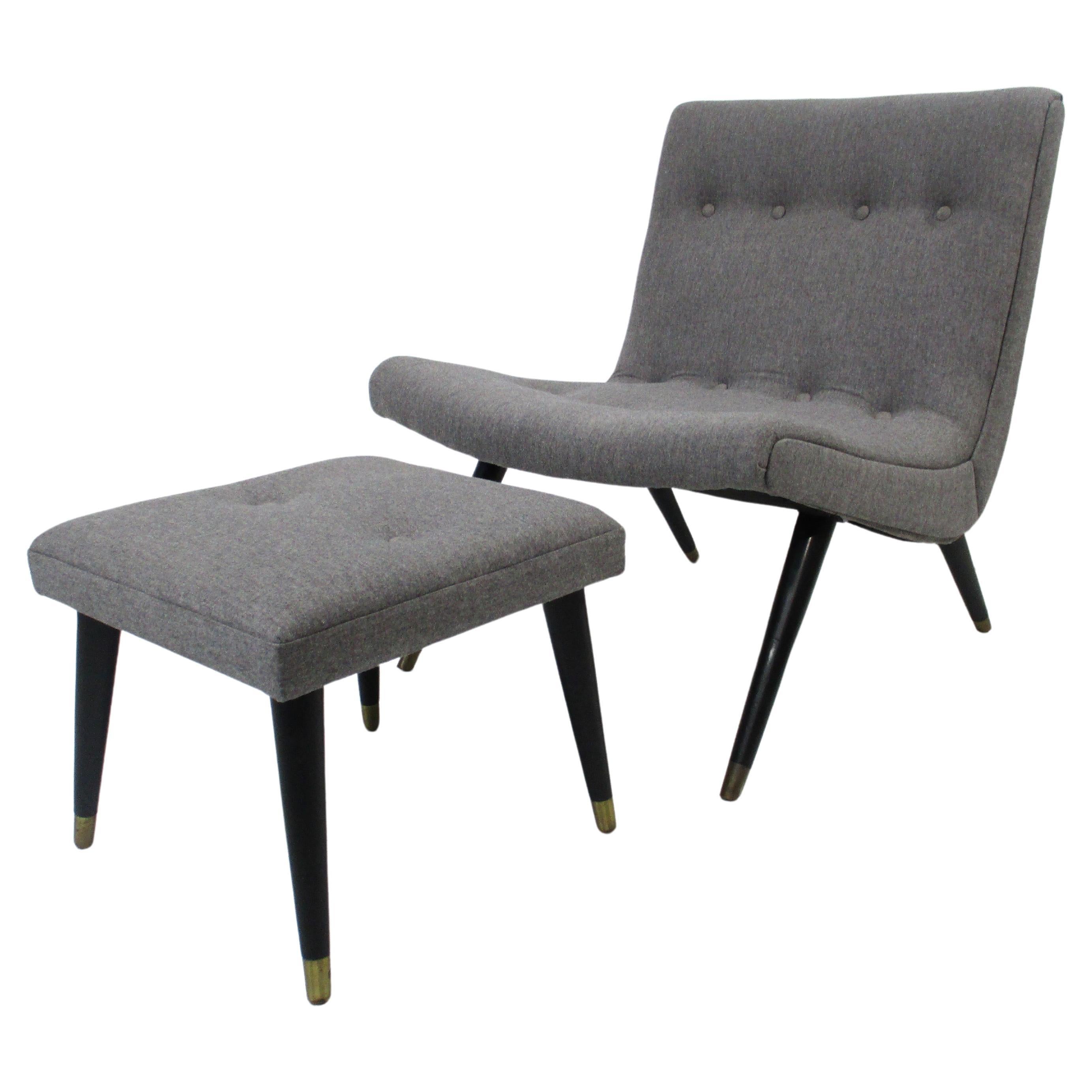 Scoop Upholstered Lounge Chair and Ottoman in the Style of Milo Baughman