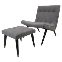 Vintage Scoop Upholstered Lounge Chair and Ottoman in the Style of Milo Baughman