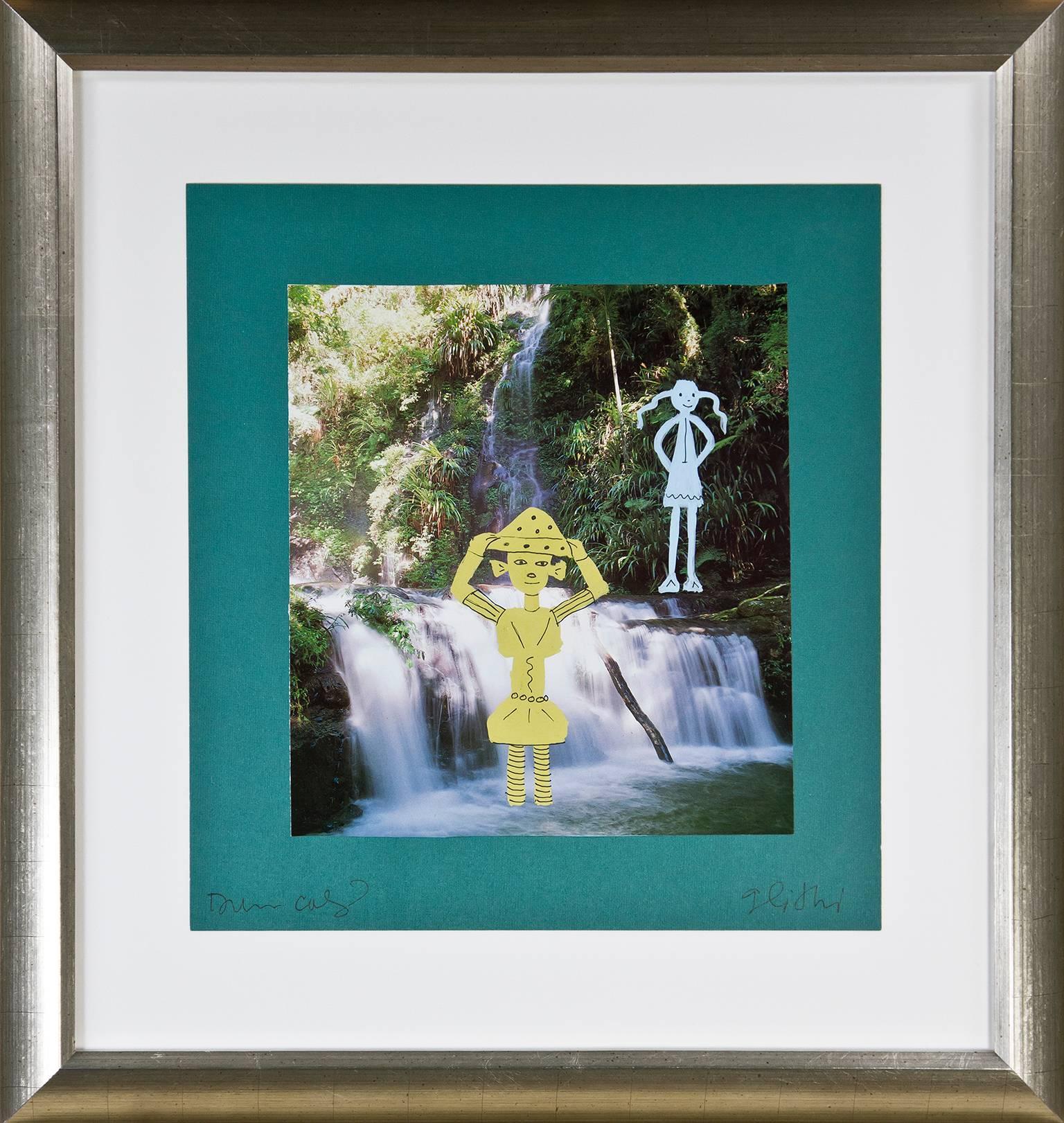 "Posing at Scooter Falls" is an original mixed media piece on paper signed lower right and on verso by artist Scooter Glithorthian. It depicts a yellow knight character and a blue thin character standing in a waterfall posing. 

Artwork Size: 8 3/4"