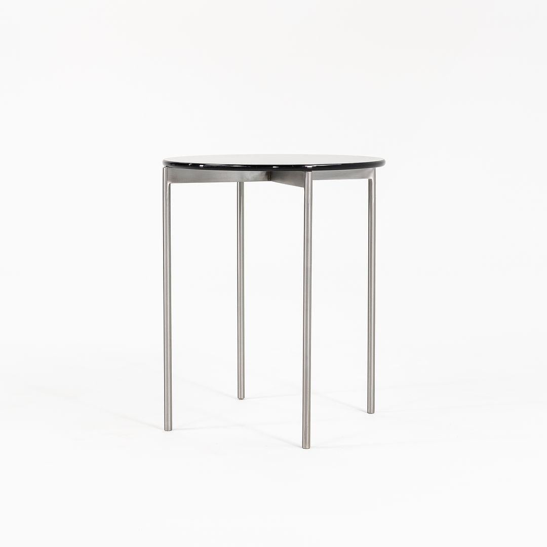 Modern Scope Series Stainless Side Tables with Dark Glass Top 2x Available For Sale