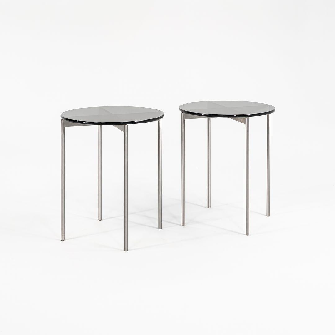 American Scope Series Stainless Side Tables with Dark Glass Top 2x Available For Sale