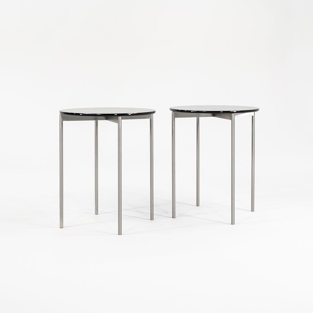 Scope Series Stainless Side Tables with Dark Glass Top 2x Available In Good Condition For Sale In Philadelphia, PA