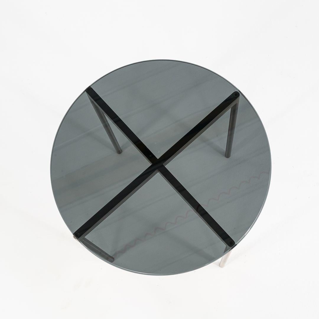 Contemporary Scope Series Stainless Side Tables with Dark Glass Top 2x Available For Sale