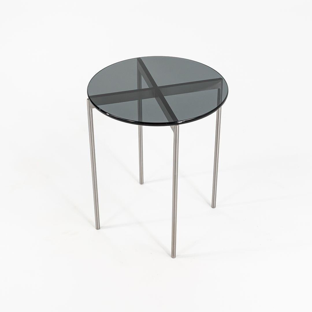 Steel Scope Series Stainless Side Tables with Dark Glass Top 2x Available For Sale