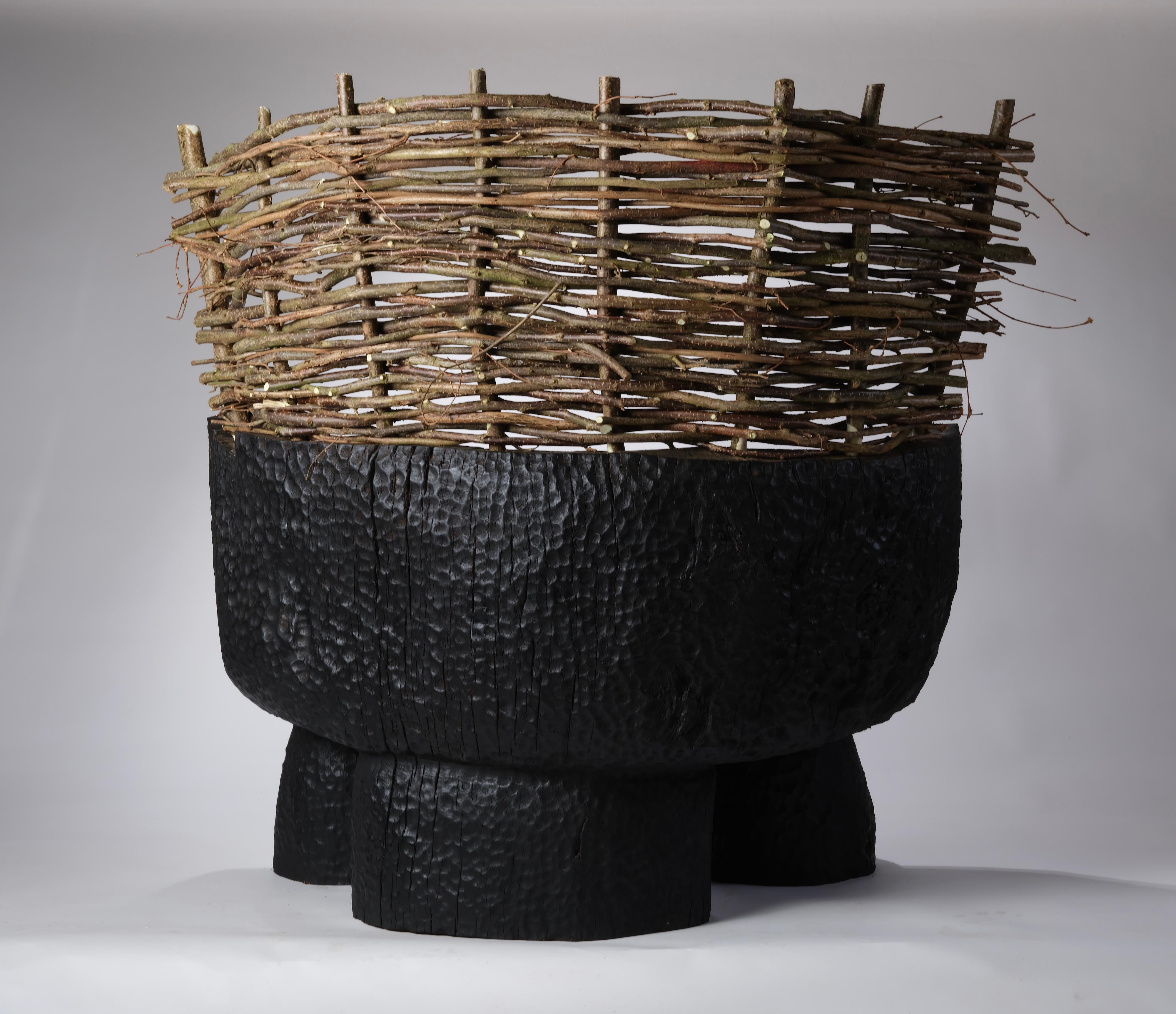 Organique Assise en Oak Oak brûlé et sculpté avec dossier en noisetier tressé, En stock en vente