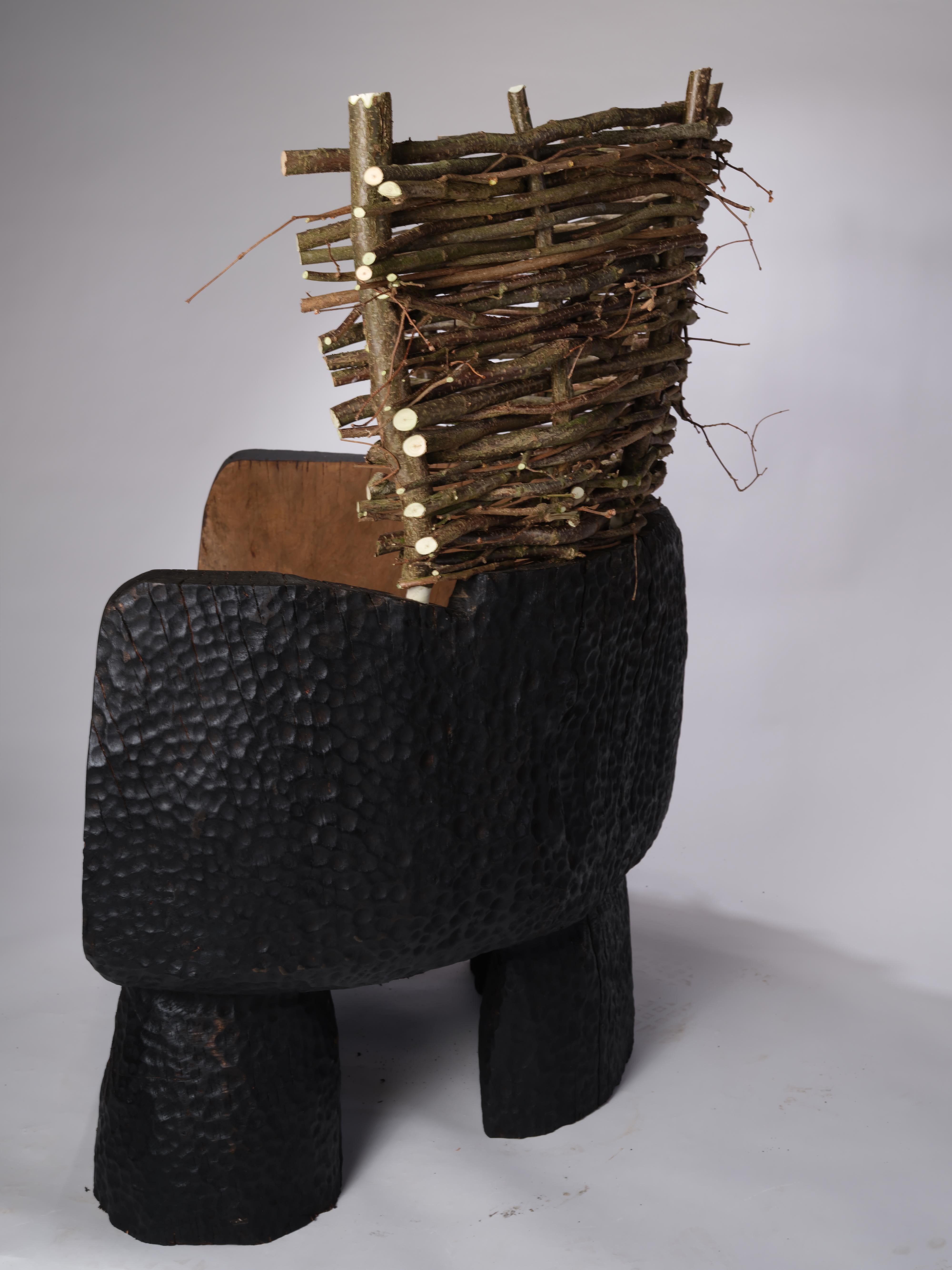 XXIe siècle et contemporain Assise en Oak Oak brûlé et sculpté avec dossier en noisetier tressé, En stock en vente